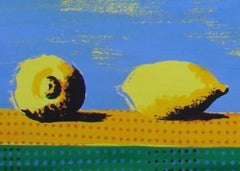 Bodegon II - Contemporary, Still Life, Fruits, Light Blue, Yellow, Banana, Lemon