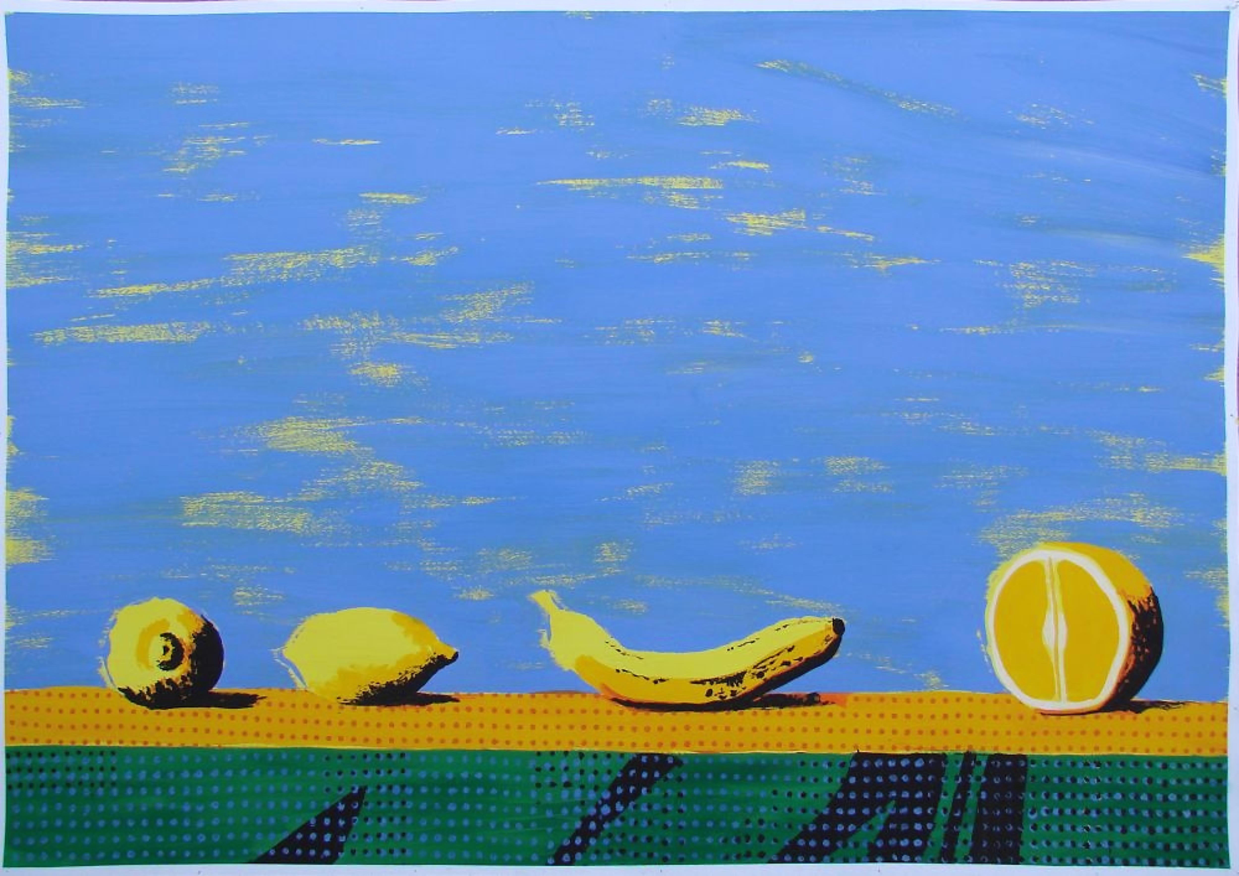 Bodegon II - Contemporain, Nature morte, Fruits, Bleu clair, Jaune, Banane, Lemon