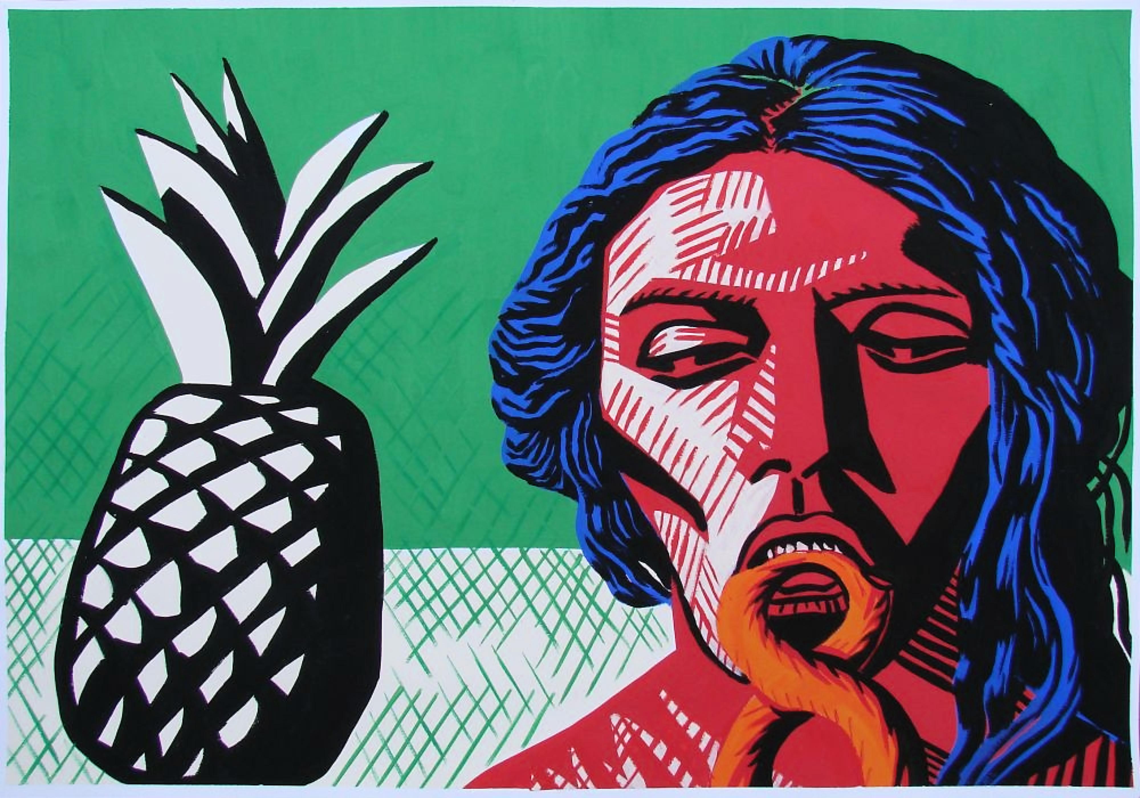 Disparate III - Contemporary, Figurative, Ananas, Green, Red, Portrait, Male - Art by Alexandru Rădvan