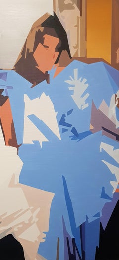 You and Me - Contemporary Painting, Blue, White, Beige, Couple, Woman, Interior