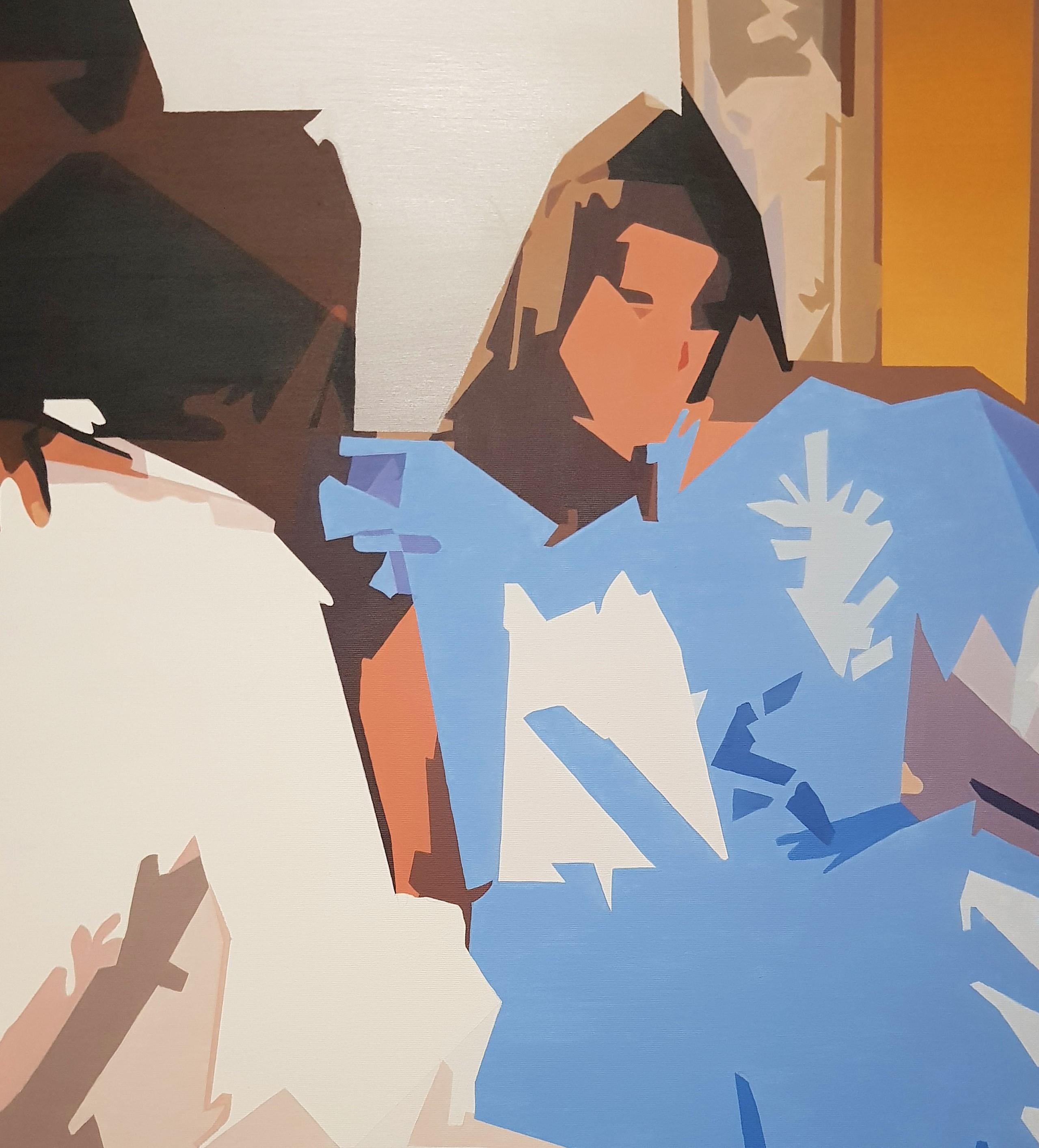 You and Me - Peinture Contemporaine, Bleu, Blanc, Beige, Couple, Femme, Intérieur - Gris Figurative Painting par Radu Rodideal