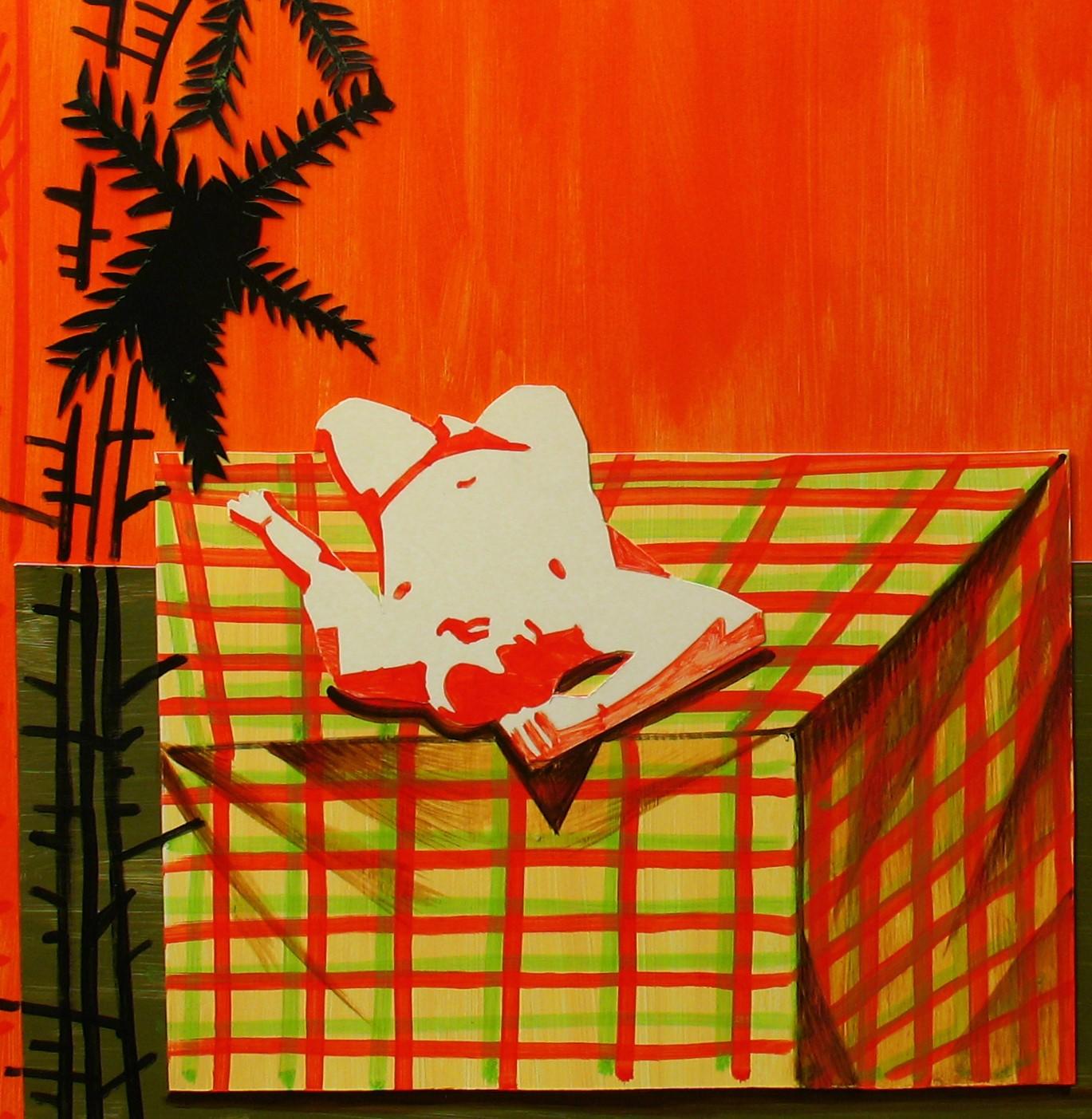 Nachmittag, 2015
Collage auf Karton
27 9/16 H x 39 3/8 W in.
70 H x 100 B cm

Auf einem orangefarbenen Hintergrund liegt ein nackter Mann auf dem Bett. In einer sehr entspannten und strahlenden Atmosphäre schlafen die Männer oder halten sich einfach