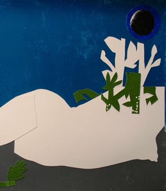 Sirena - Arte Contemporáneo, Desnudo, Mujer, Naturaleza, Blanco, Azul, Gris, Flores