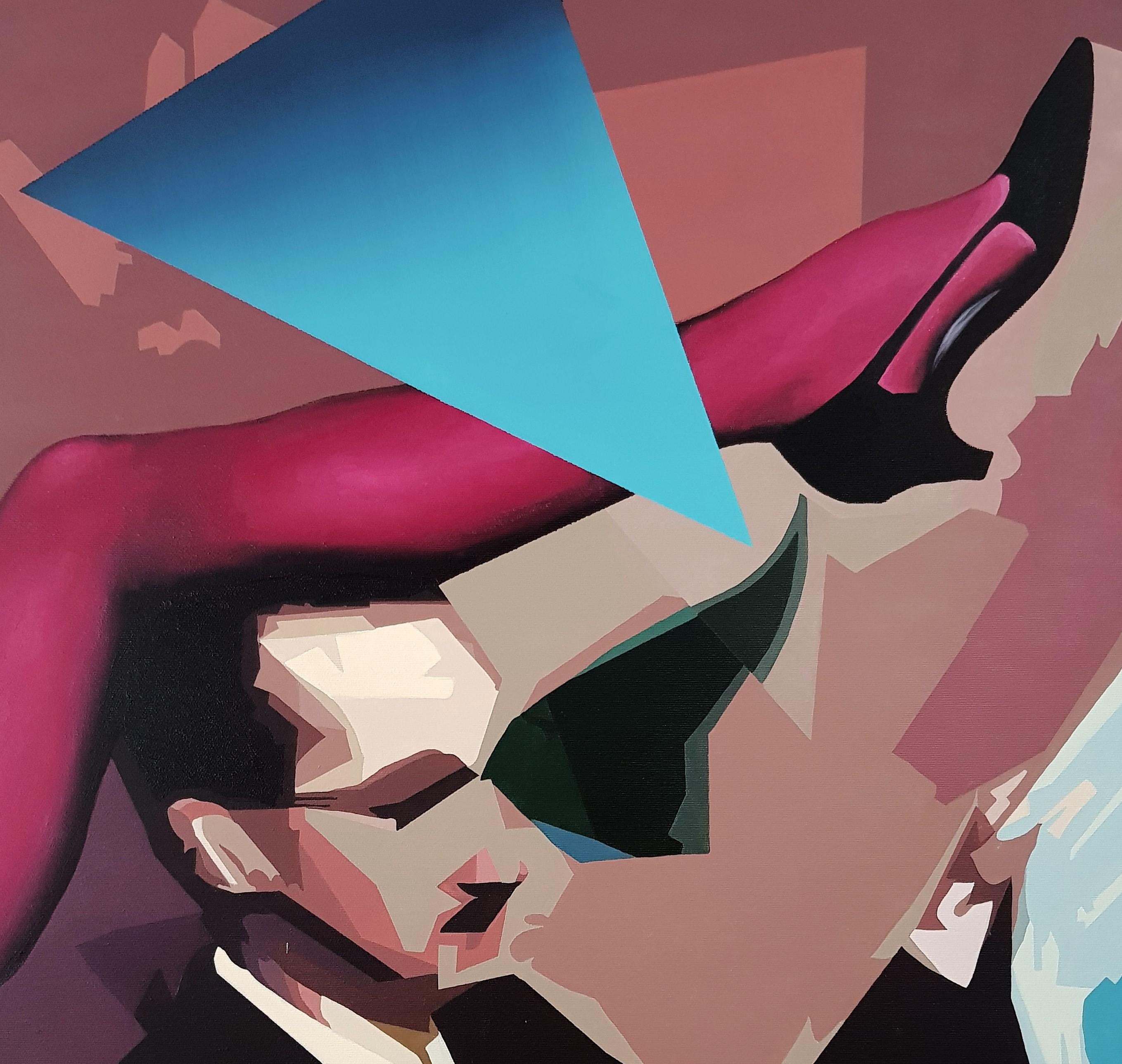 Blue Love Triangle - Contemporary, Female, Legs, Man, Pink, 21st Century - Painting by Radu Rodideal