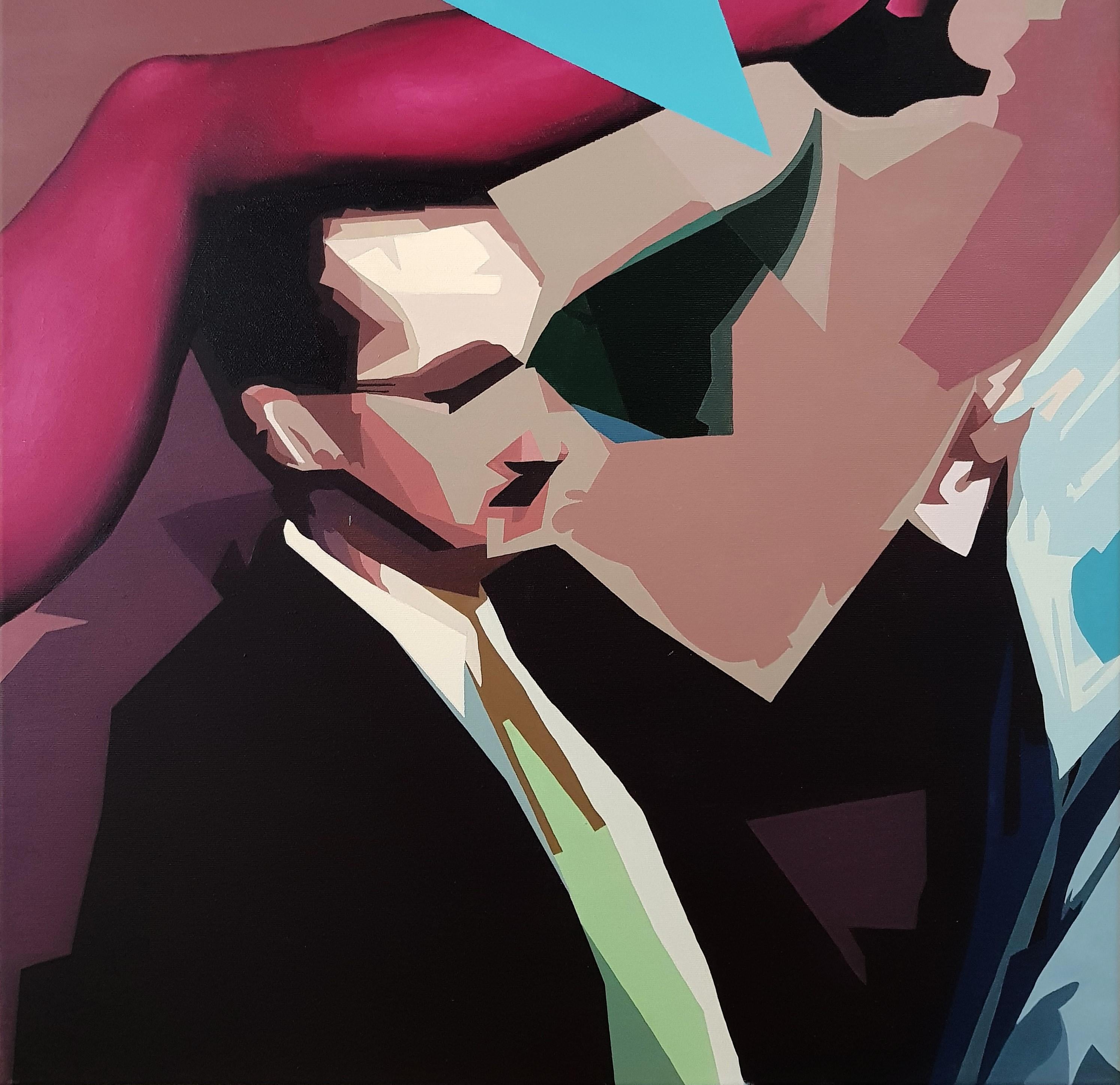 Blue Love Triangle - Contemporary, Female, Legs, Man, Pink, 21st Century - Black Portrait Painting by Radu Rodideal