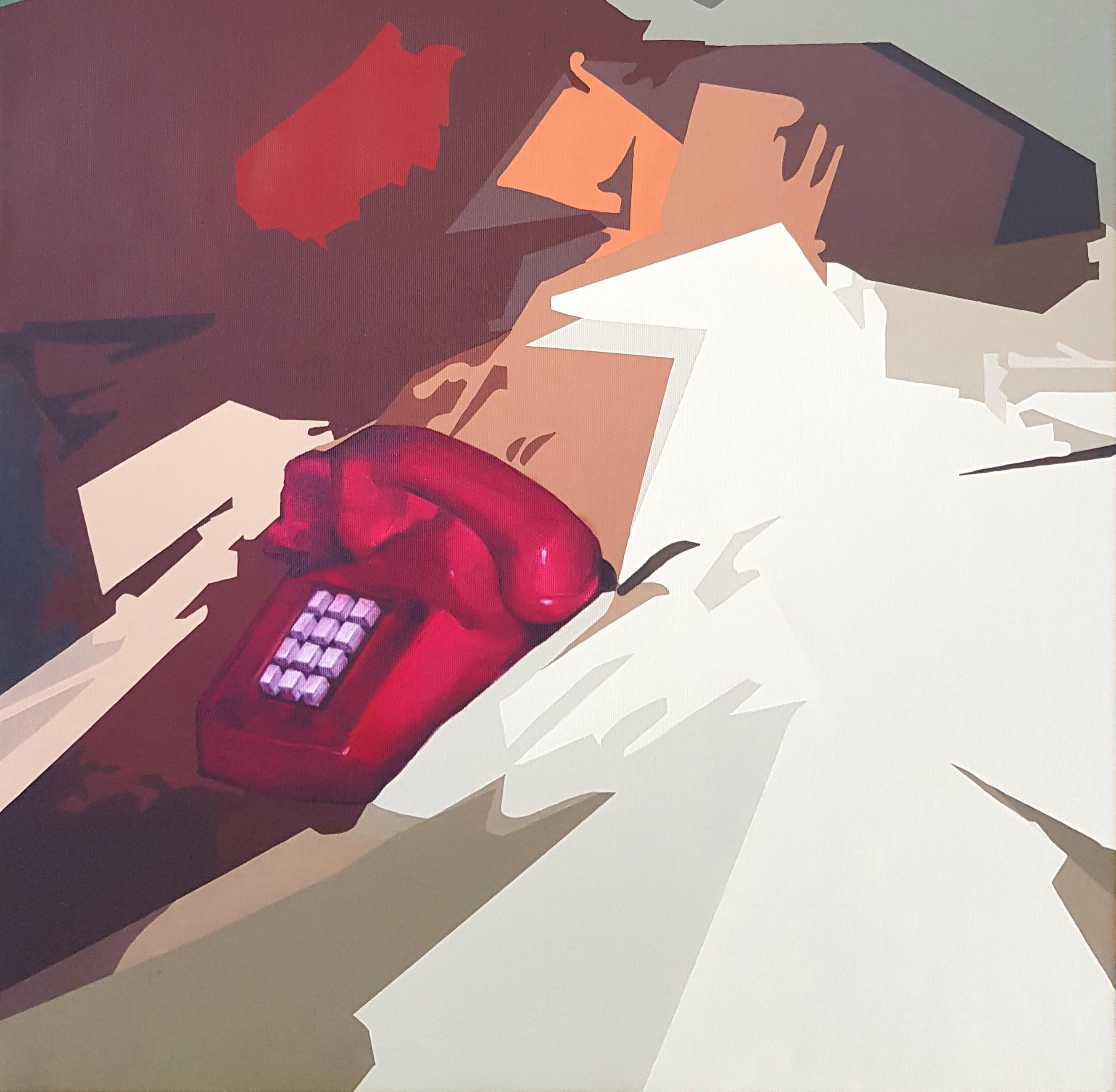 The Other Red Phone Call - 21st Century, White, Female, Love, Figurative, Red - Contemporary Painting by Radu Rodideal