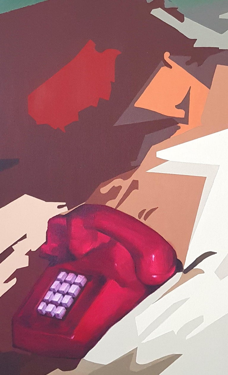 The Other Red Phone Call, 2019
Oil on canvas (Signed on reverse)
35 7/16 H x 23 5/8 W in.
90 H x 60 W cm 

In his paintings, Radu Rodideal speaks about the concept of loneliness. Everybody is born alone and everybody dies alone. In our century to be