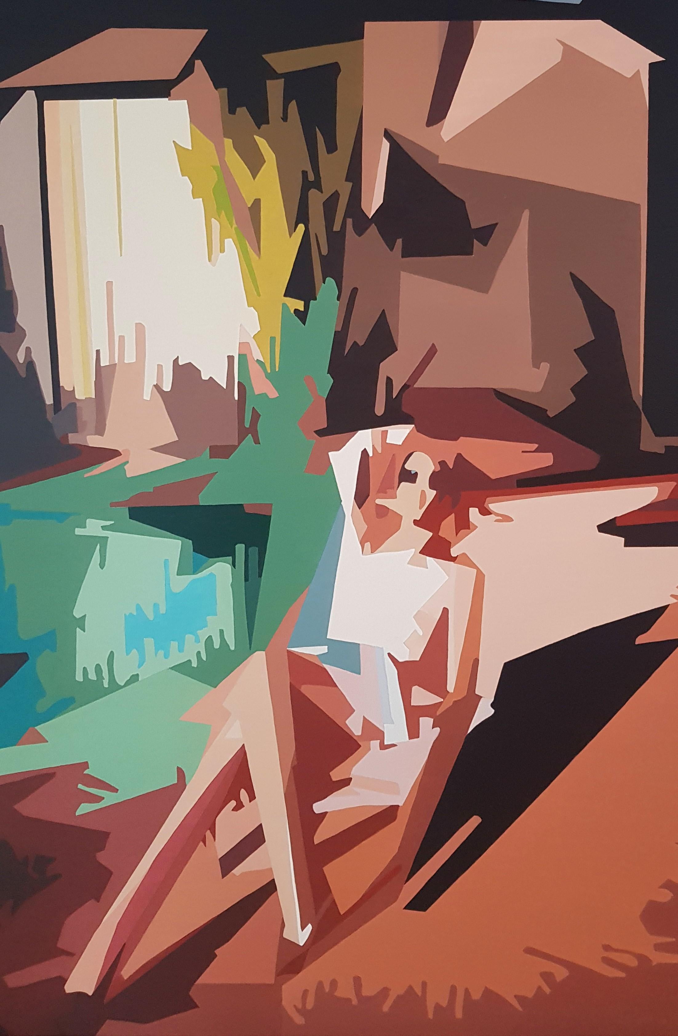 Giro en mi sobriedad - Pintura Contemporánea, Mujer, Relax, Verde, Meditación - Painting de Radu Rodideal