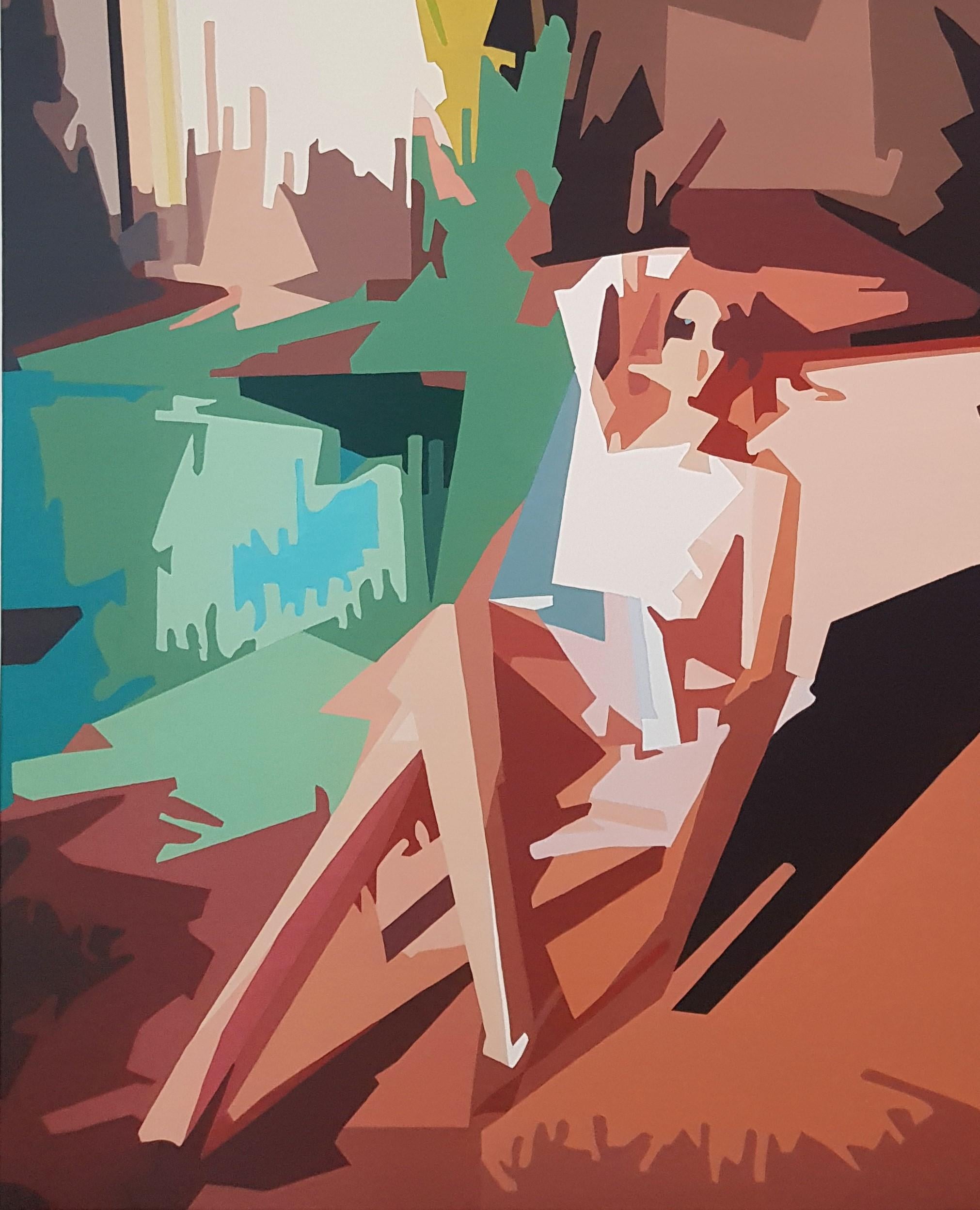 Giro en mi sobriedad - Pintura Contemporánea, Mujer, Relax, Verde, Meditación - Landscape Painting Gris de Radu Rodideal