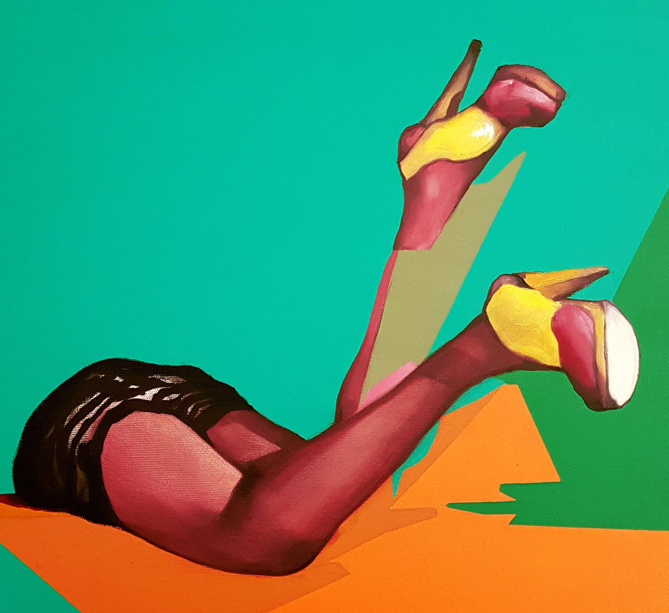 Inquisitive Interlude - Contemporary, Legs, Orange, Green, Beauty, Glamour, Lady - Painting by Radu Rodideal
