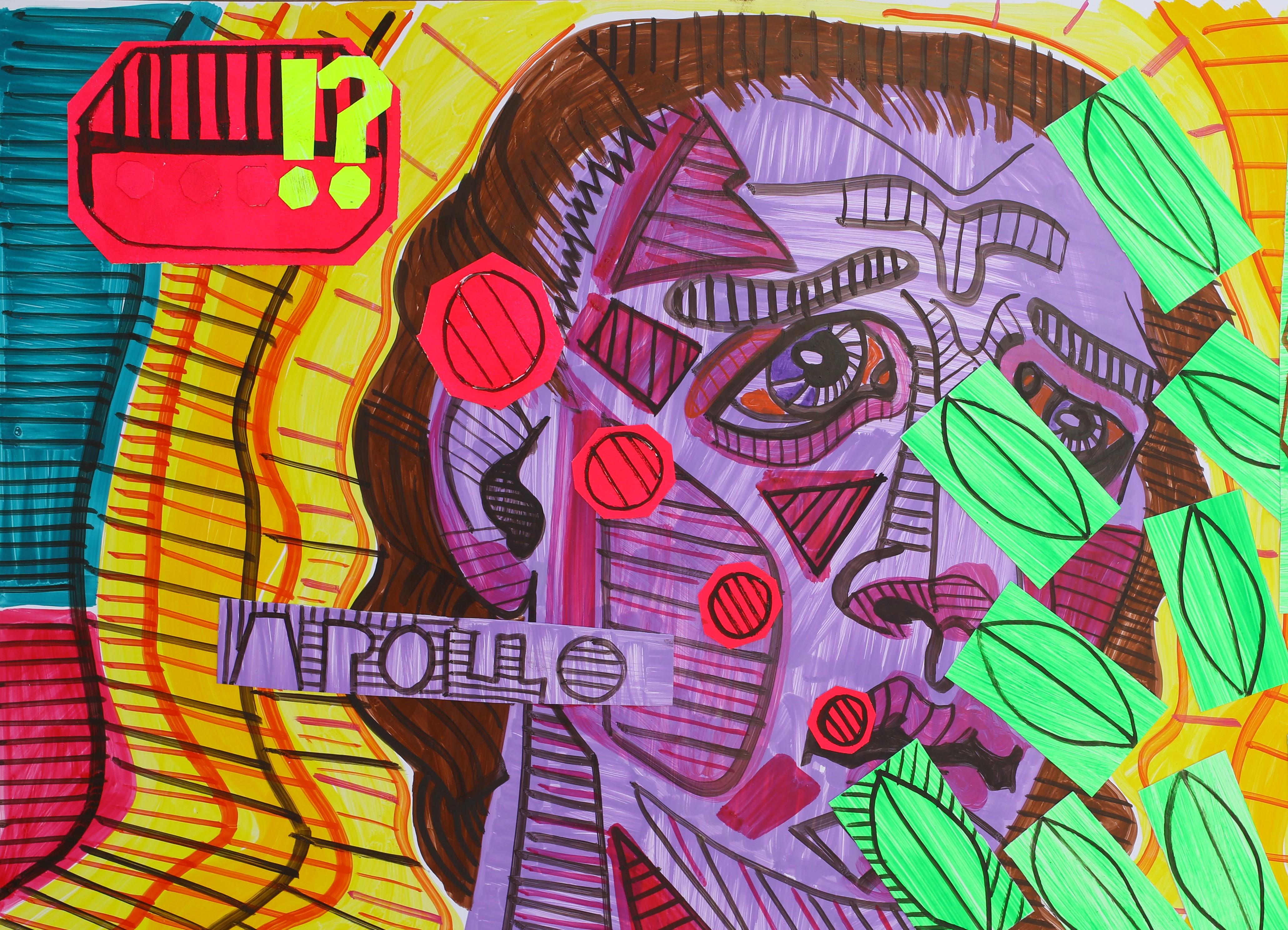 ?! Apollo Daphne, 2017 
Acrylique, marqueur acrylique, collages sur carton (signé, coin avant droit)
20 5/64 H x 28 11/32 W in.
51 H × 72 L cm

L'artiste réinterprète les mythes d'Apollo et de Daphné issus de la mythologie grecque. 

Apollo, le Dieu