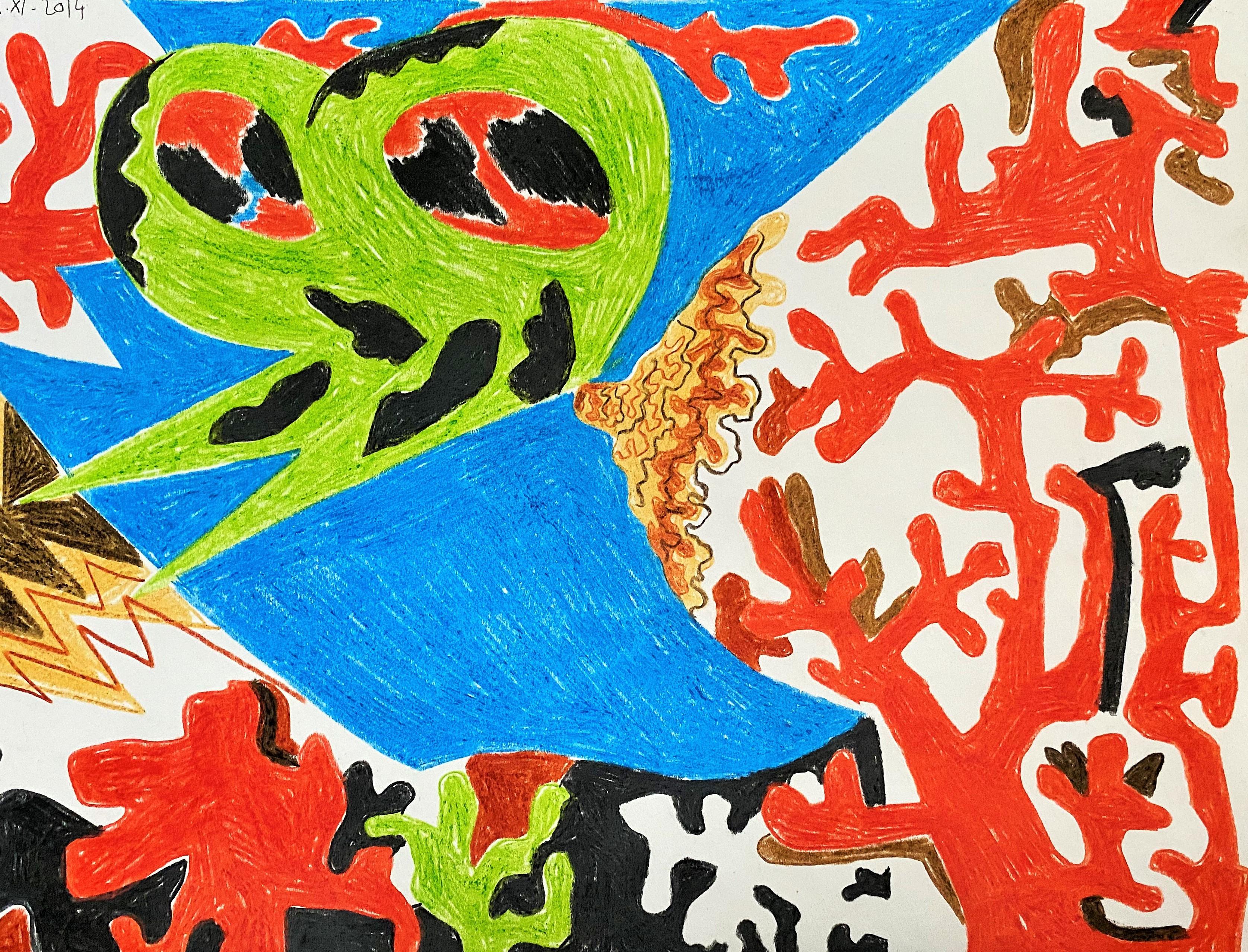 Island for Umberto 07 - Contemporary, Drawing, Red, Green, Blue, Butterffly - Beige Landscape Art by Alexandru Rădvan