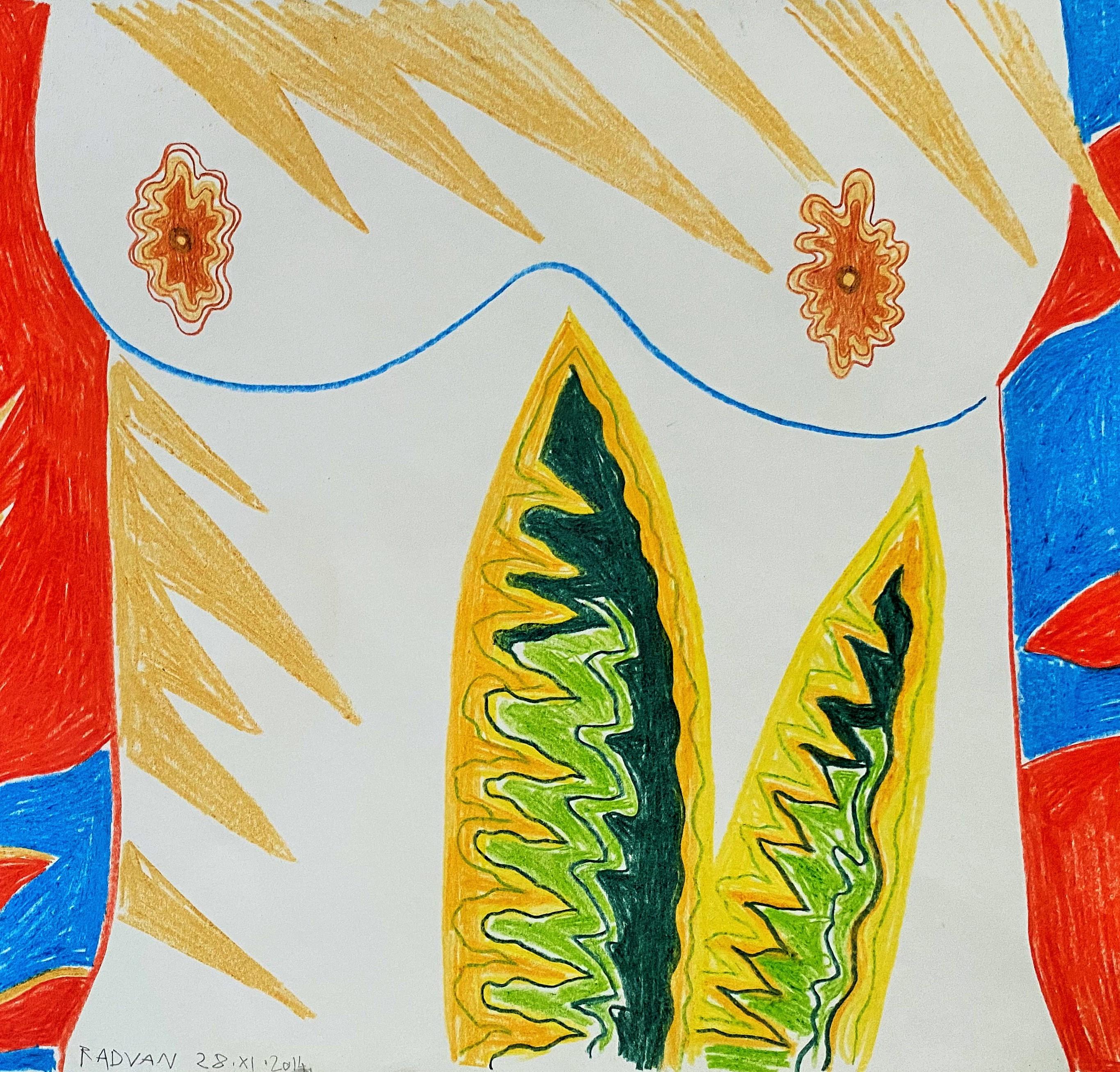 Island for Umberto 08 - 21st Century, Drawing, Nude, Red, Yellow, Blue, Summer - Contemporary Art by Alexandru Rădvan