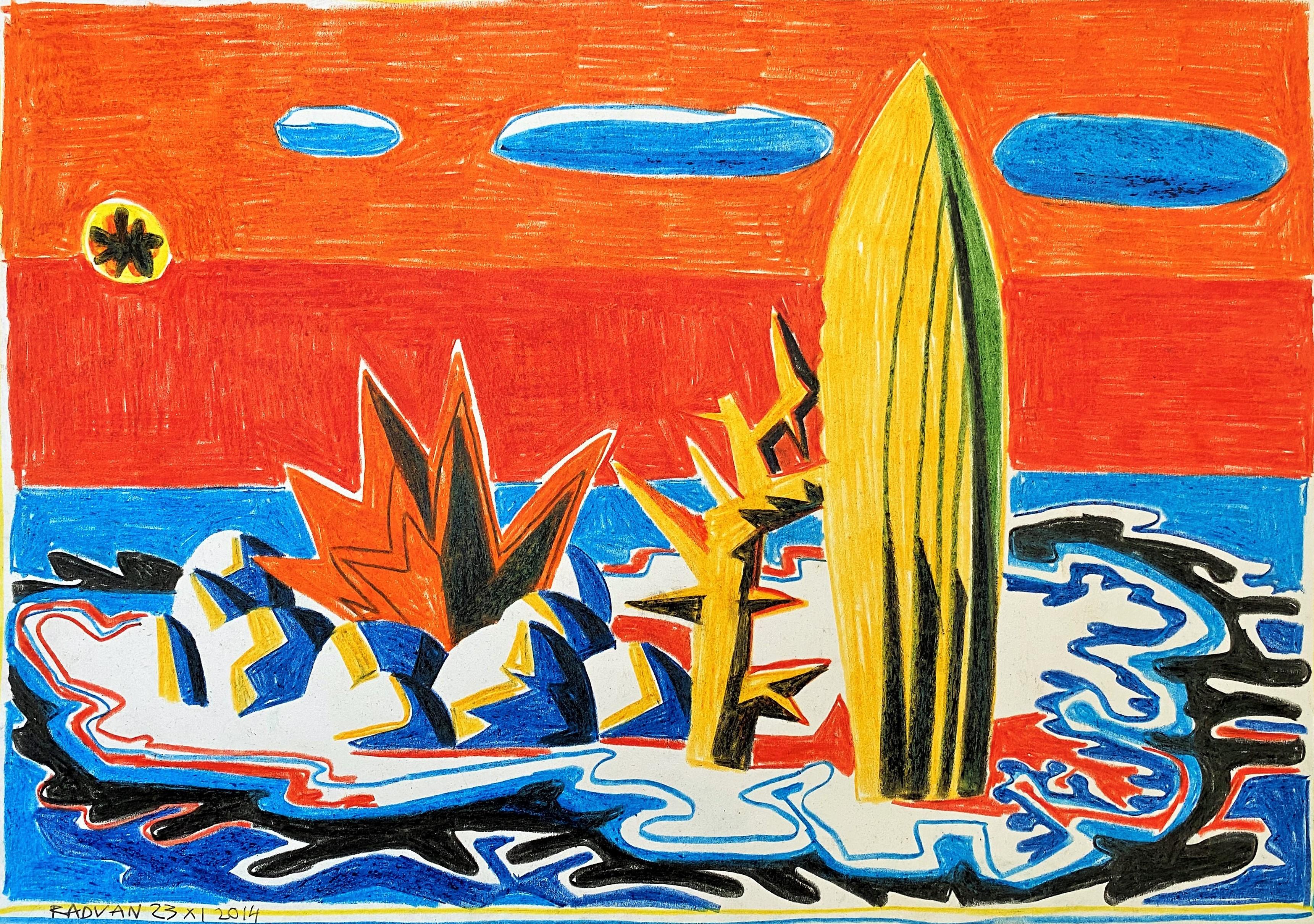 Island for Umberto 12 - 21st Century, Drawing, Island, Summer, Sea, Orange, Blue - Art by Alexandru Rădvan