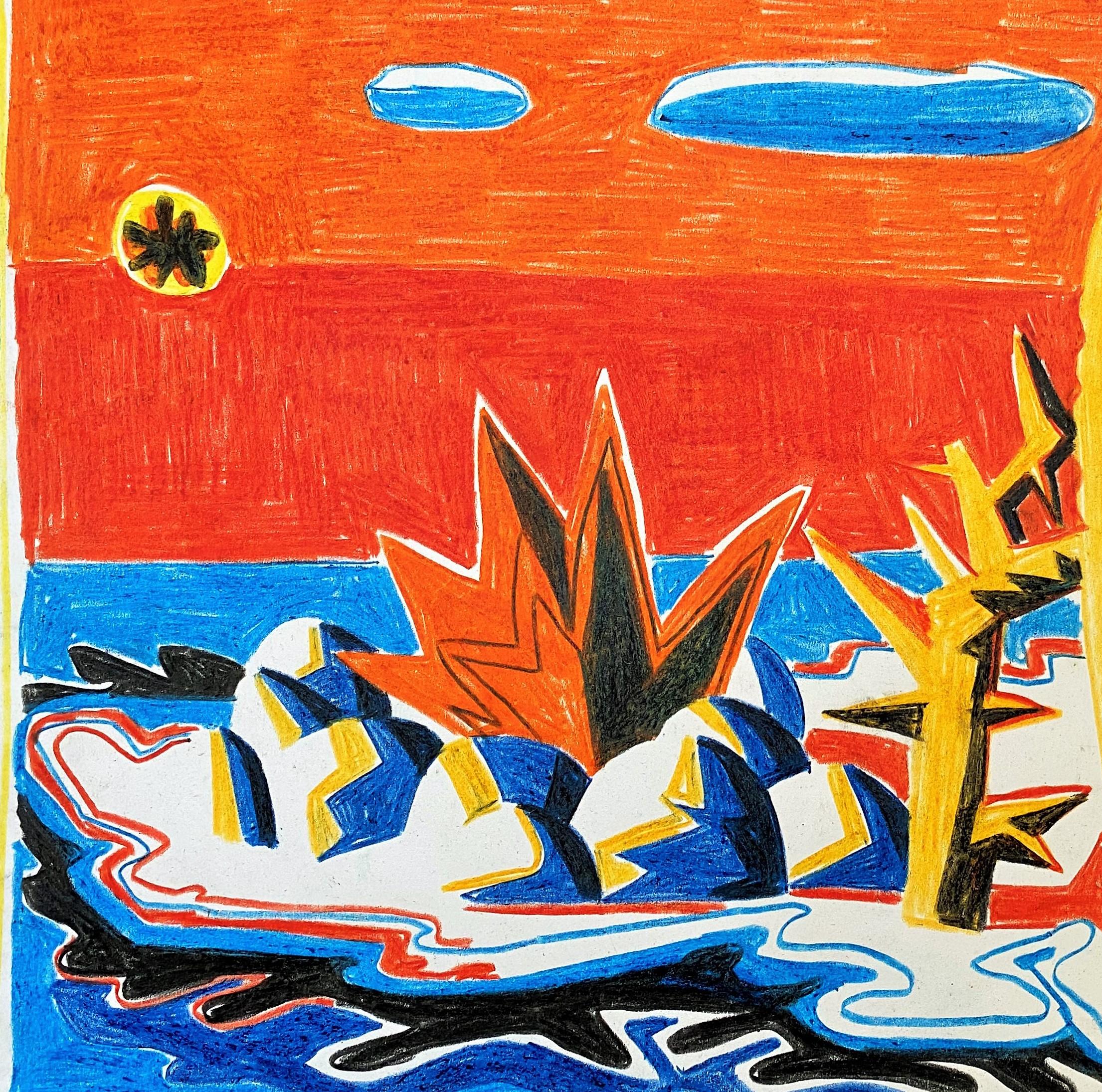 Island für Umberto 12–21. Jahrhundert, Zeichnung, Insel, Sommer, Meer, Orange, Blau (Zeitgenössisch), Art, von Alexandru Rădvan
