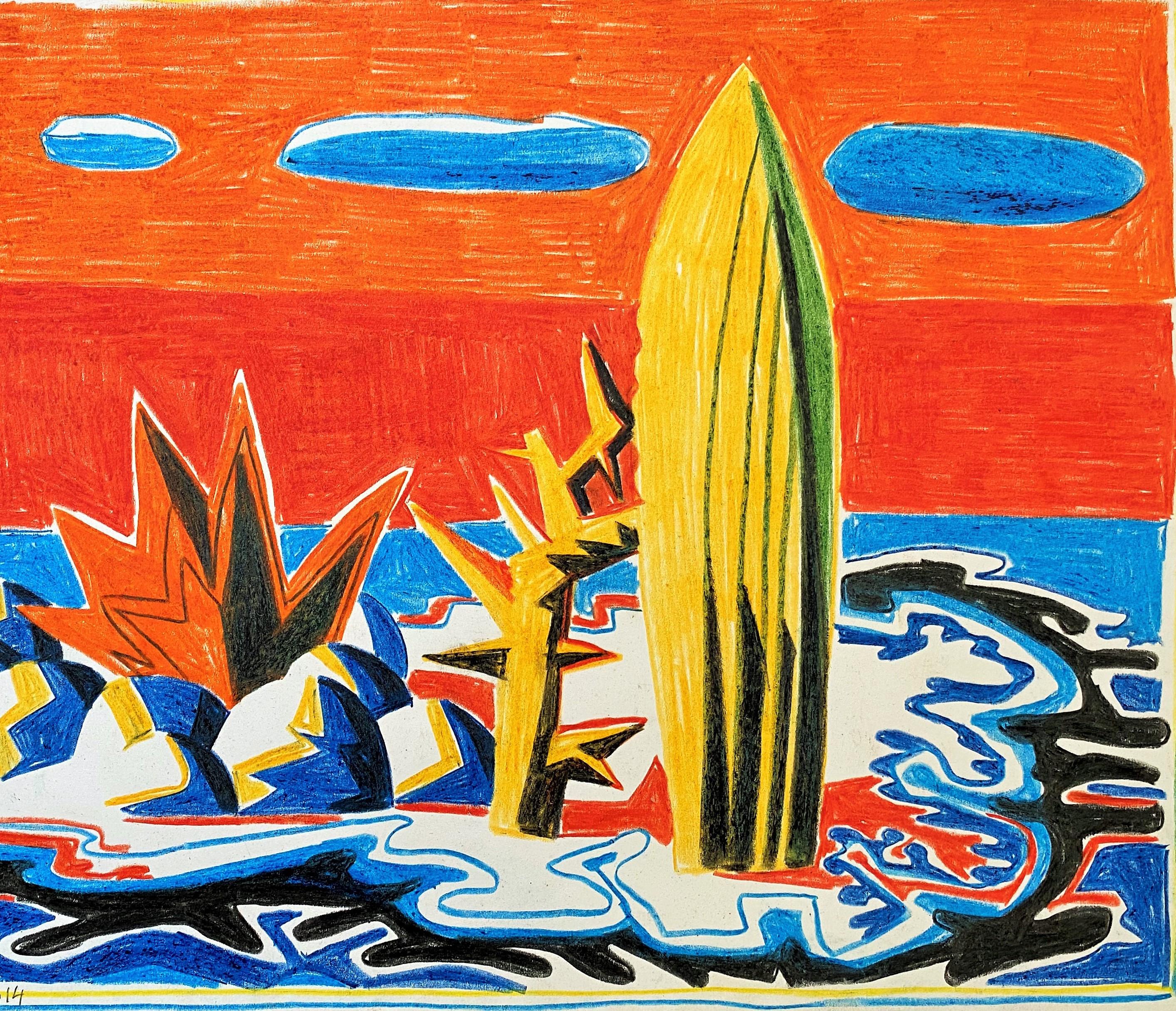 Island für Umberto 12–21. Jahrhundert, Zeichnung, Insel, Sommer, Meer, Orange, Blau (Rot), Landscape Art, von Alexandru Rădvan