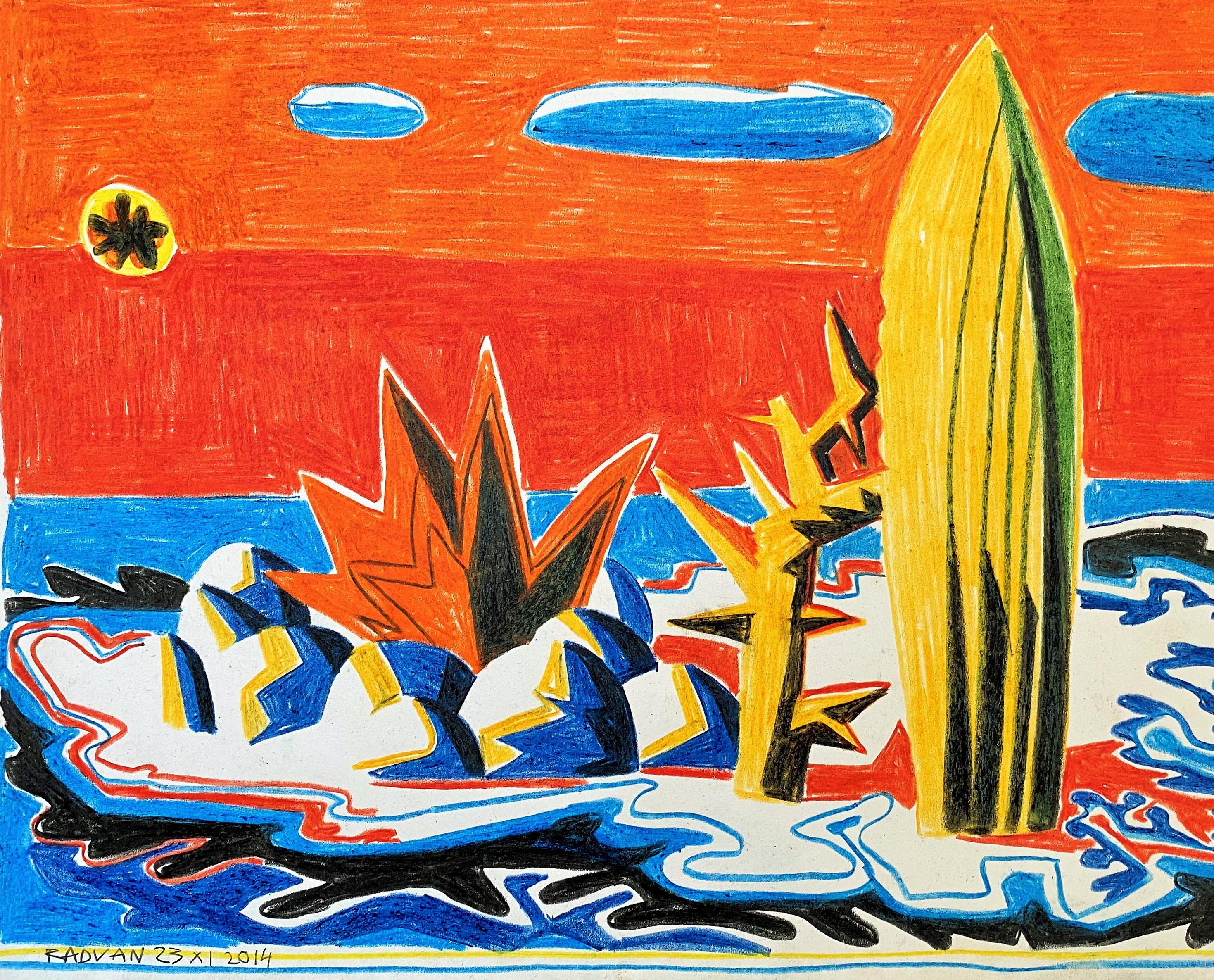 Island for Umberto 12 - 21st Century, Drawing, Island, Summer, Sea, Orange, Blue - Red Landscape Art by Alexandru Rădvan