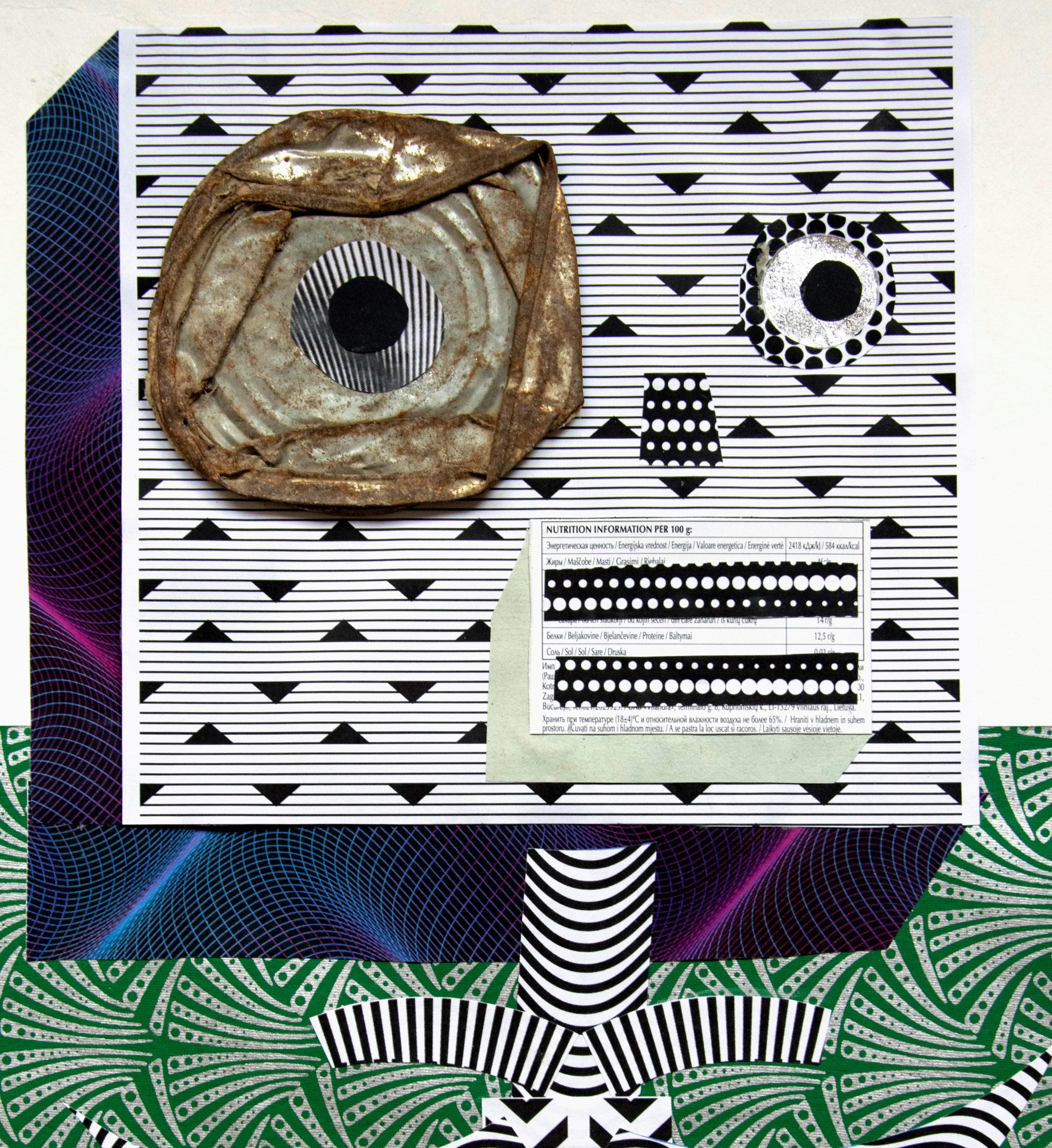 L'un qui n'a rien vu - 21e siècle, vert, blanc, bleu, collage - Abstrait Mixed Media Art par Raluca Arnăutu