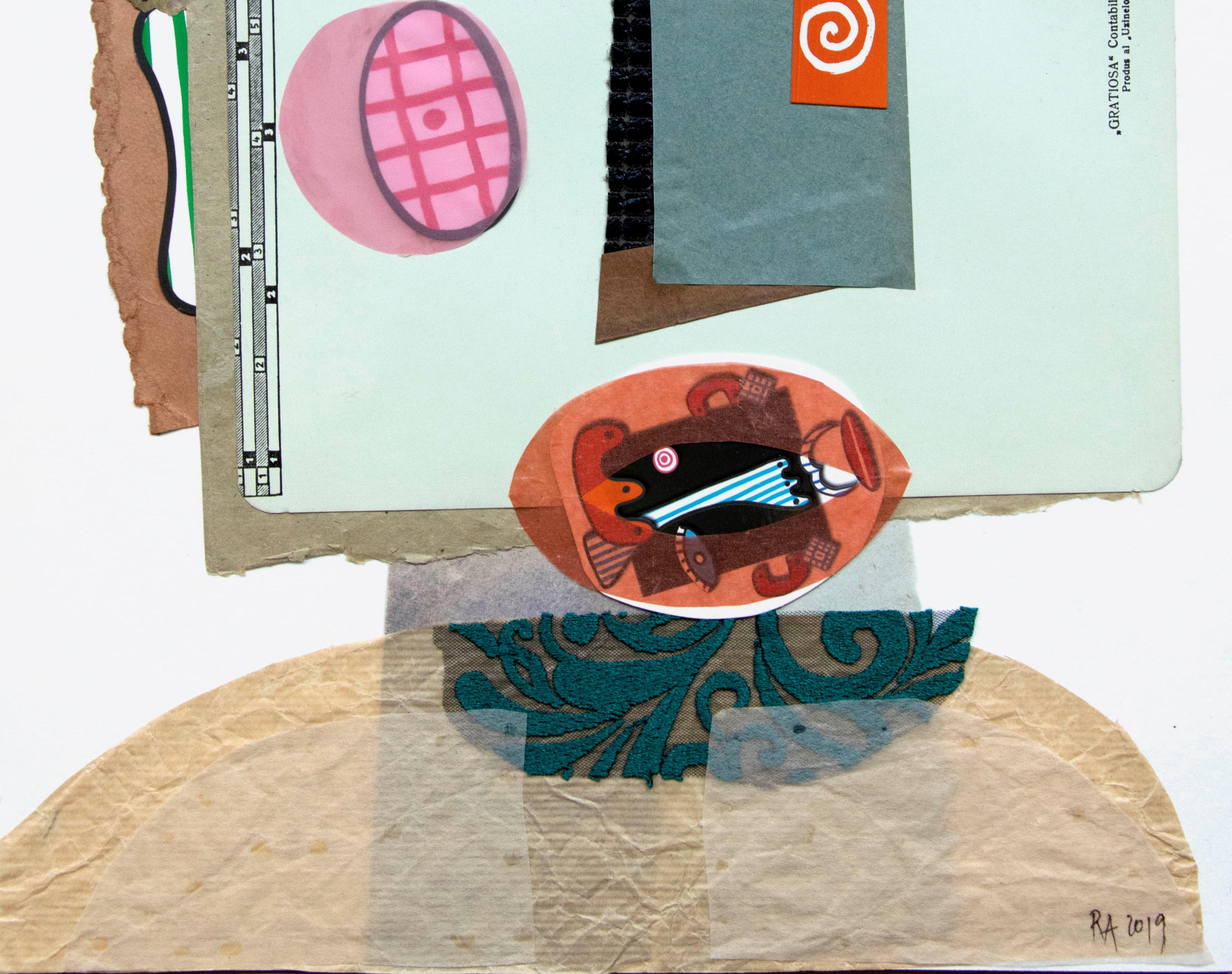 The Registrar - Art contemporain, collage sur papier, drôle, vert - Abstrait Mixed Media Art par Raluca Arnăutu