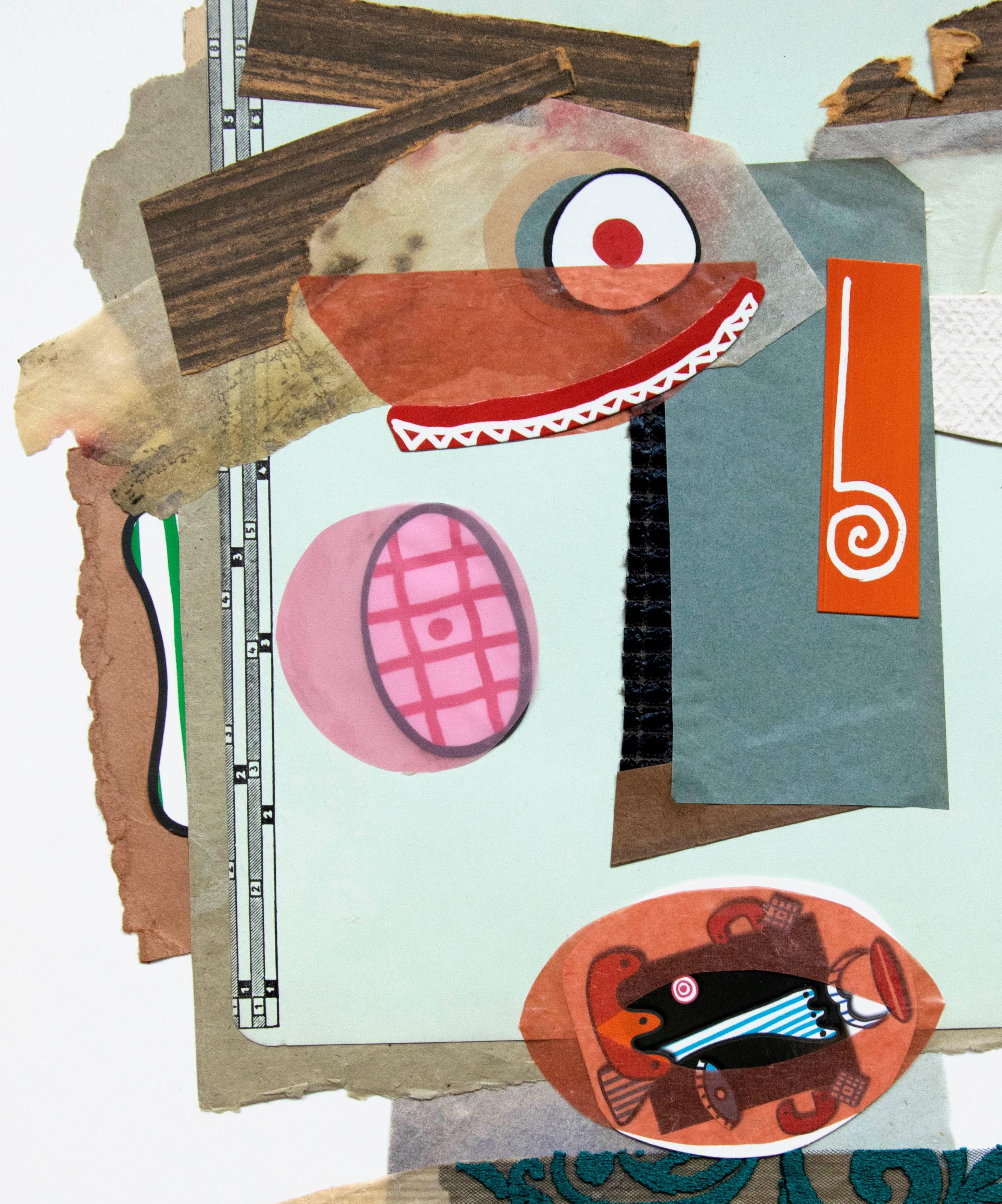 Le Greffier, 2019
collage sur papier
15 3/4 H x 11 13/16 W in.
40 H x 30 L cm

Les collages de l'artiste décrivent une série de visages composés de différents matériaux - cartons, textiles, fourrure et papier. Dans cette série, la déconstruction des