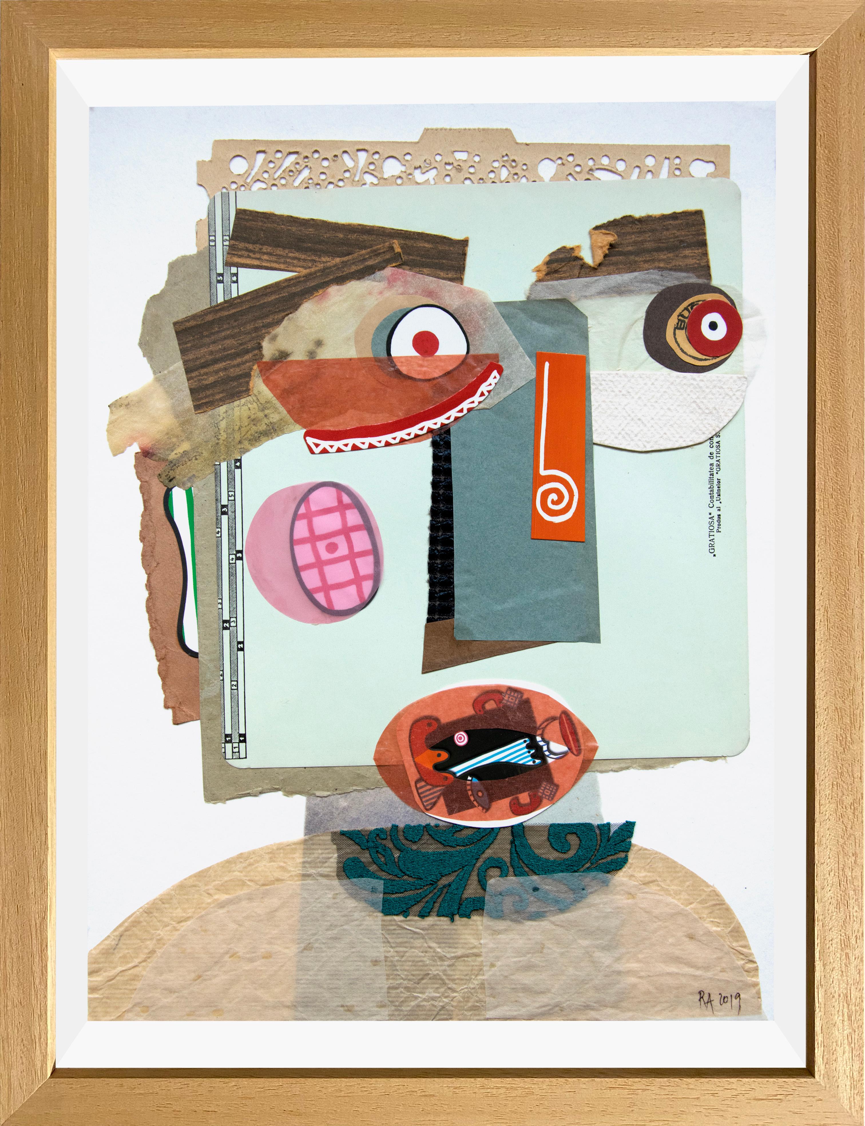 The Registrar - Art contemporain, collage sur papier, drôle, vert en vente 3
