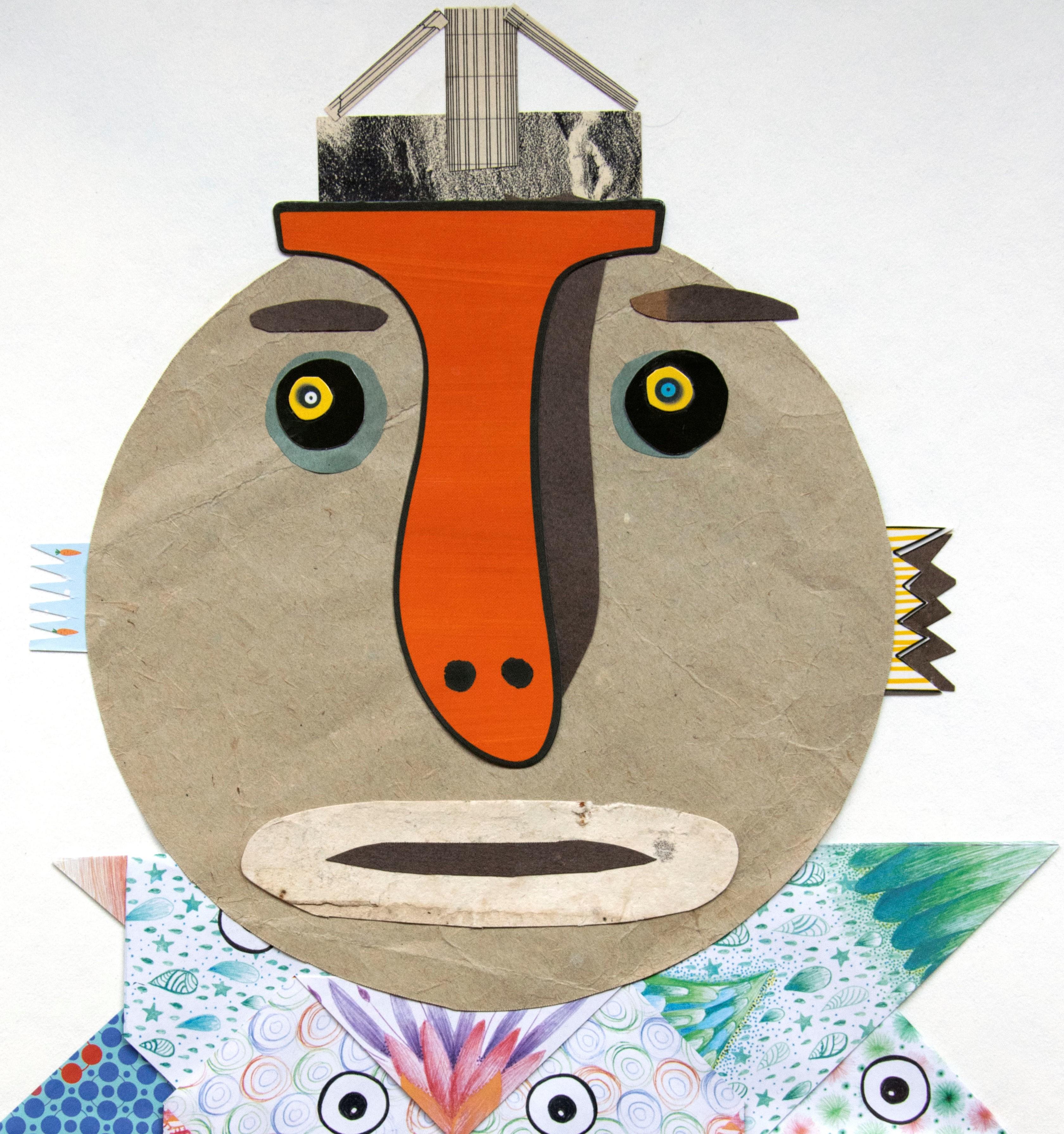 El Vendedor de Origami - Arte Contemporáneo, Collage, Naranja, Divertido, Siglo XXI - Portrait Gris de Raluca Arnăutu