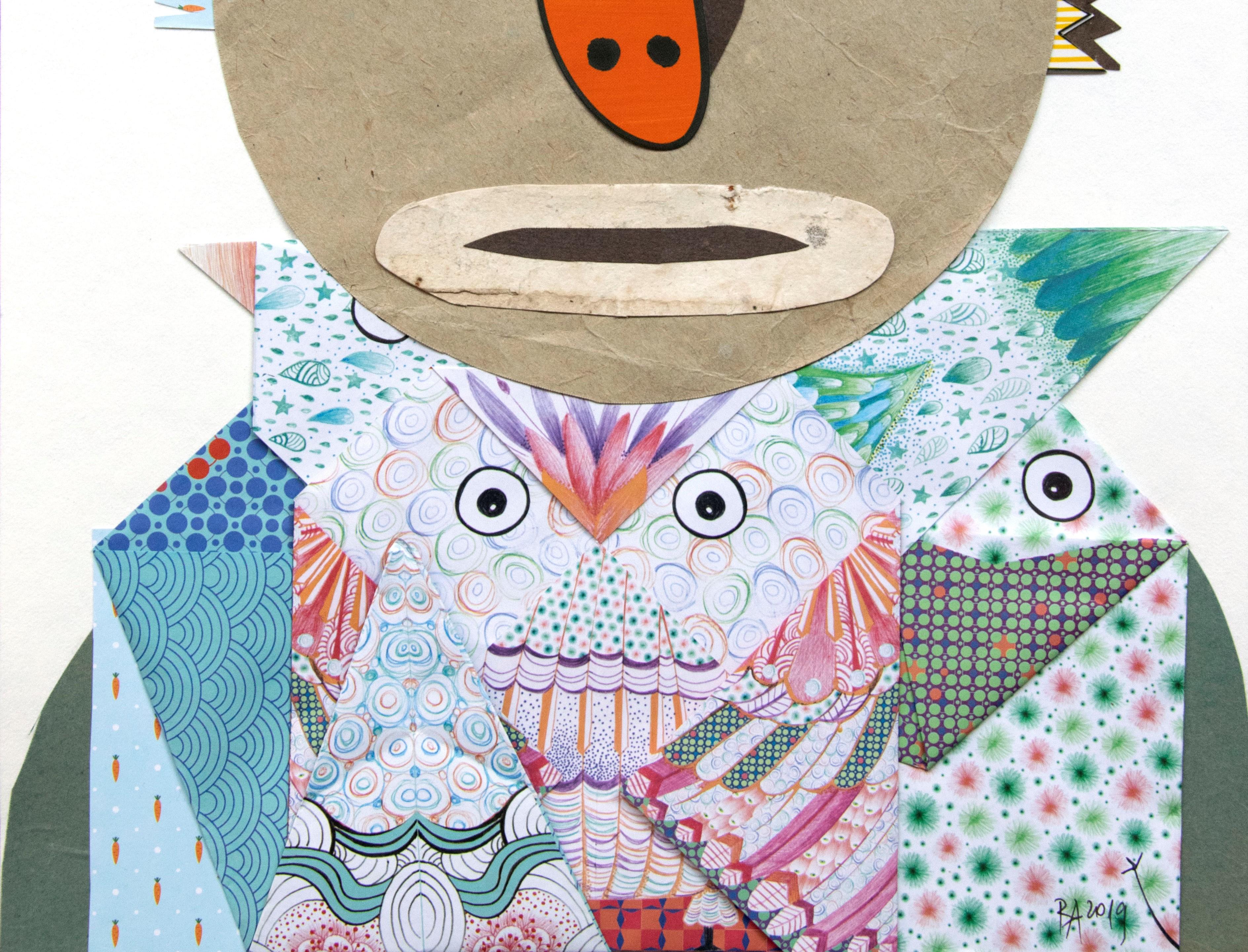 El Vendedor de Origami, 2019
collage sobre papel
15 3/4 A x 11 13/16 A pulg.
40 A x 30 An cm

Los collages del artista describen una serie de rostros compuestos de distintos materiales: cartones, tejidos, pieles y papel. En esta serie, la