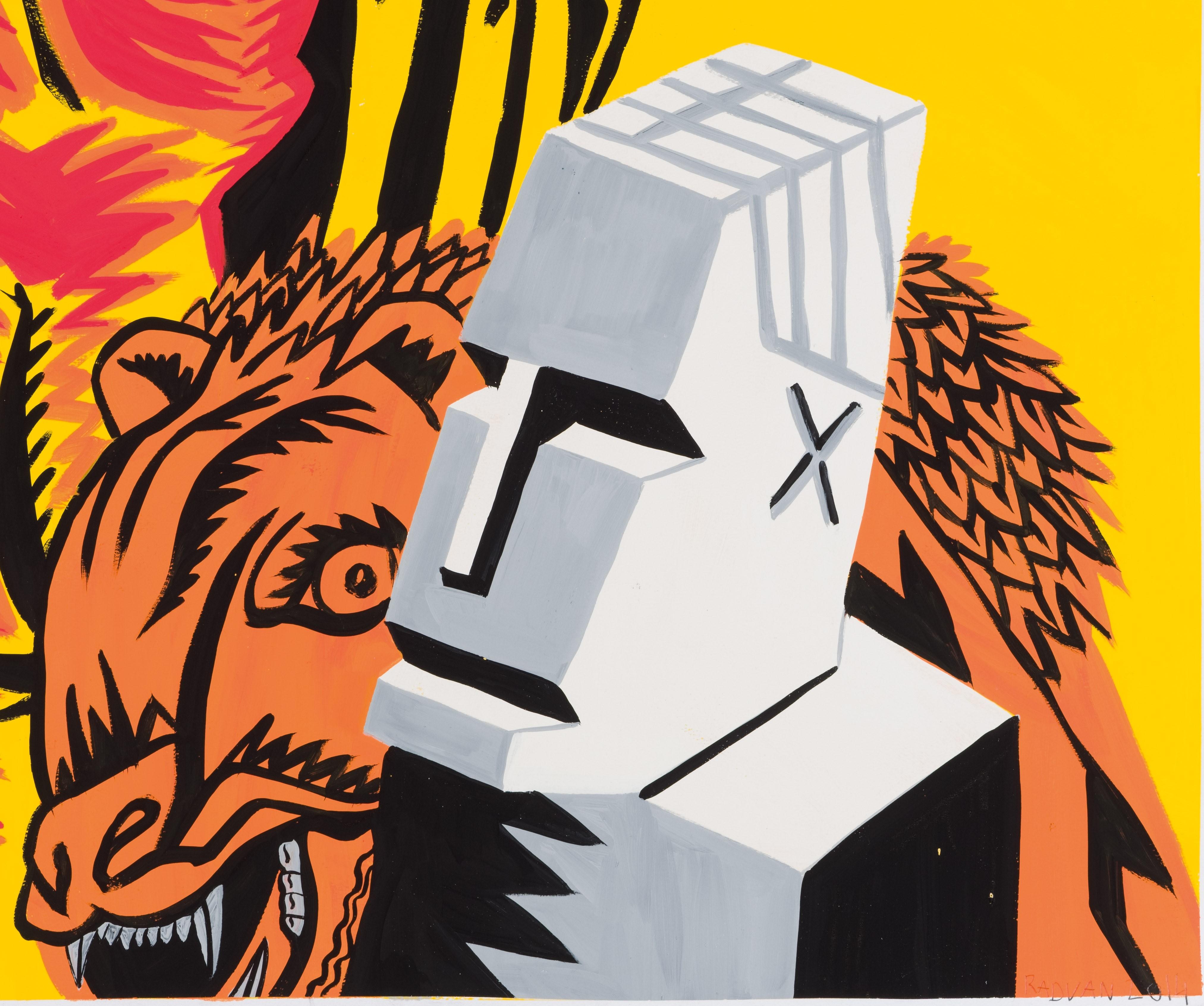 Hercule d'après Carracci V - Art contemporain, rouge, jaune, homme, lion, nu en vente 1