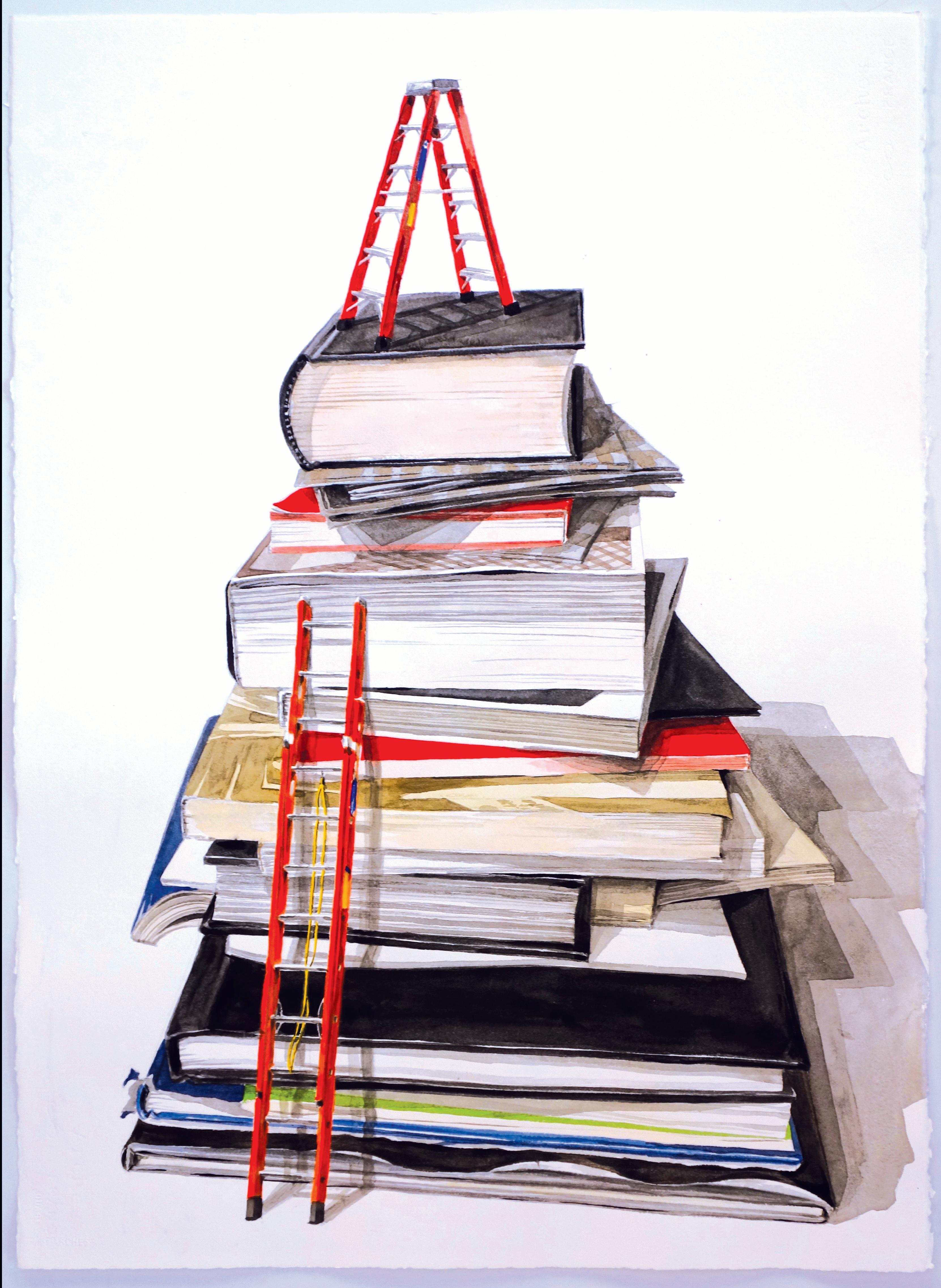 Thomas Broadbent Still-Life Painting - "Beyond Reach" Surrealist Still Life Painting of books with ladders
