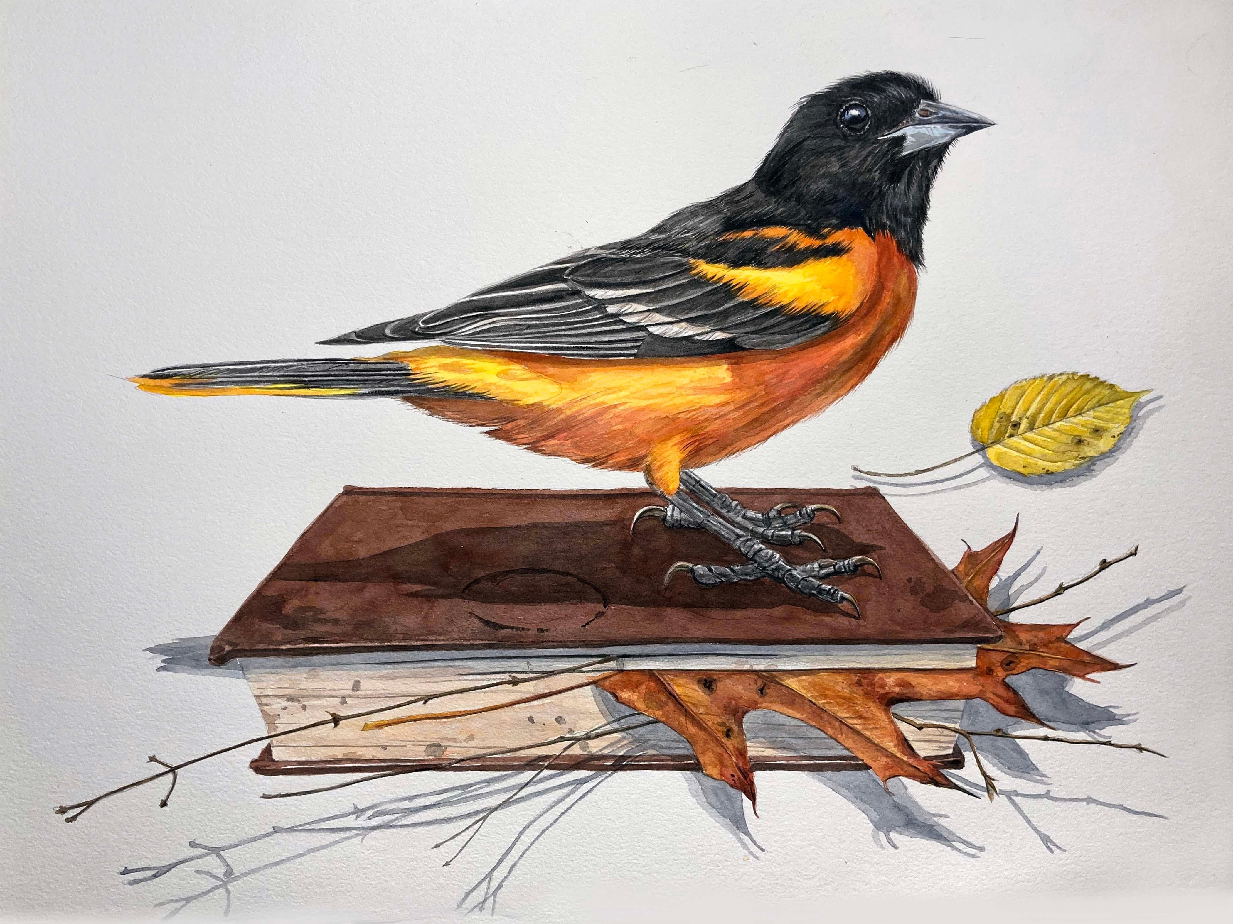 "Season Marker" Watercolor with Baltimore Oriole, book and leaves