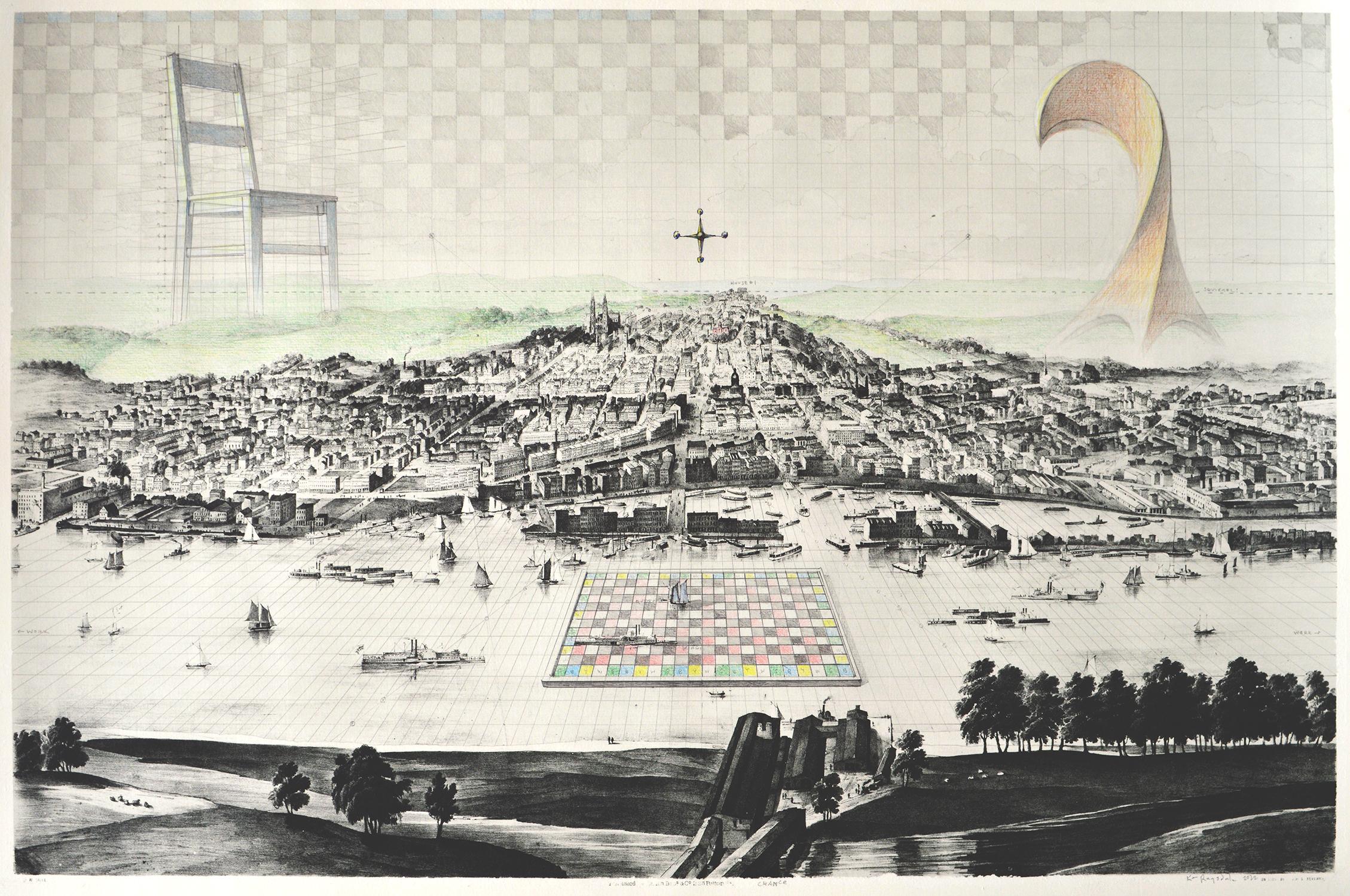 Ken Ragsdale Landscape Art – Zeitgenössische surrealistische „Chance“-Perspektivekarte von Albany, New York, „Chance“