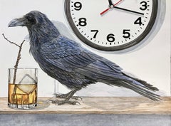 "11:17" Contemporary Surrealist Watercolor with raven, clock, tumbler of whiskey