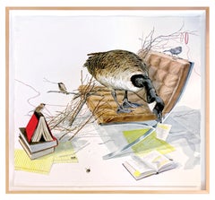 Large Scale Watercolor "The Thread" framed (goose, birds, books)