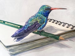 "Note Taking" Contemporary Surrealist Watercolor, hummingbird, pencil, notebook