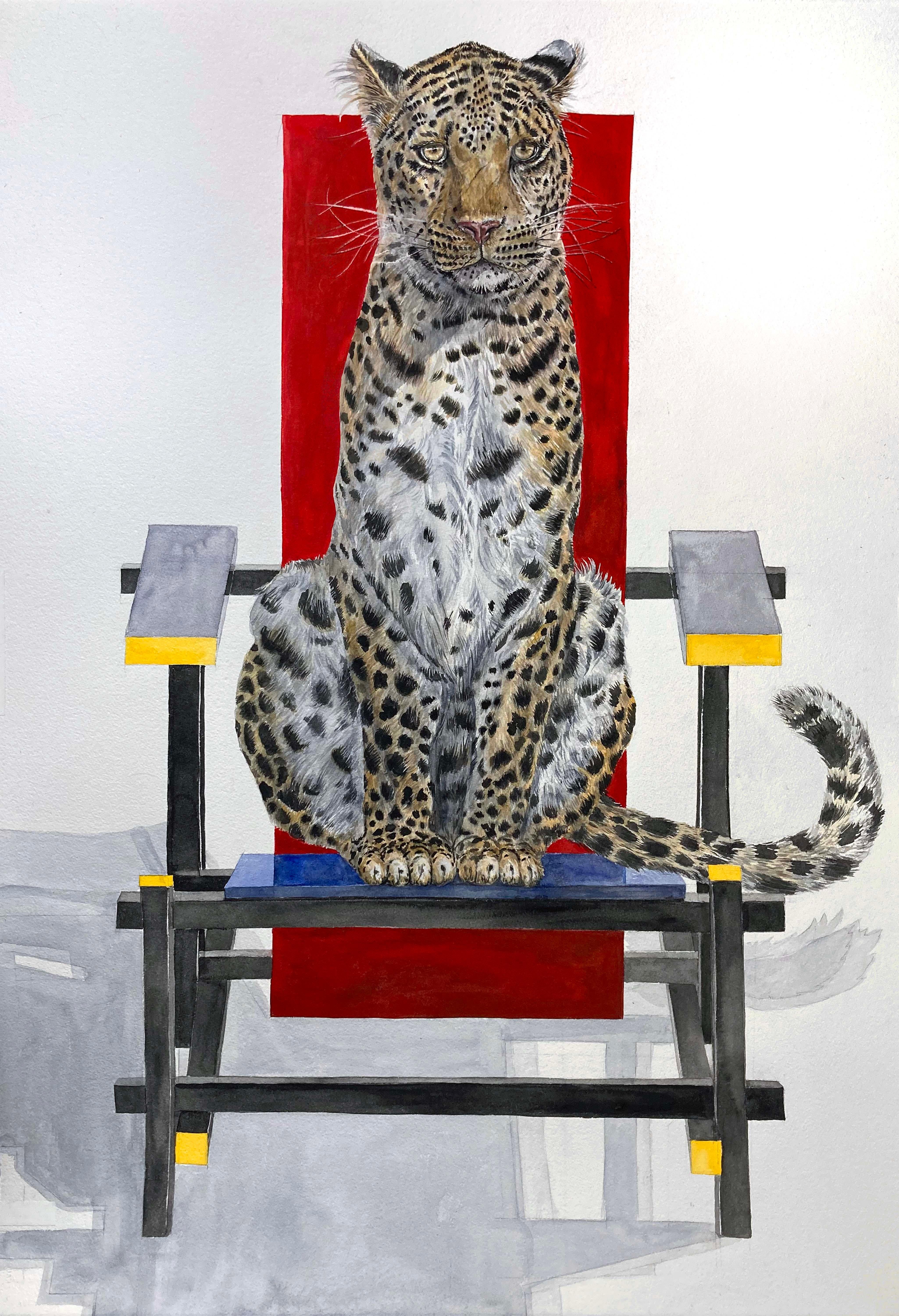 Thomas Broadbent Animal Painting - "Leopard on Rietveld Chair" framed contemporary surrealist watercolor painting