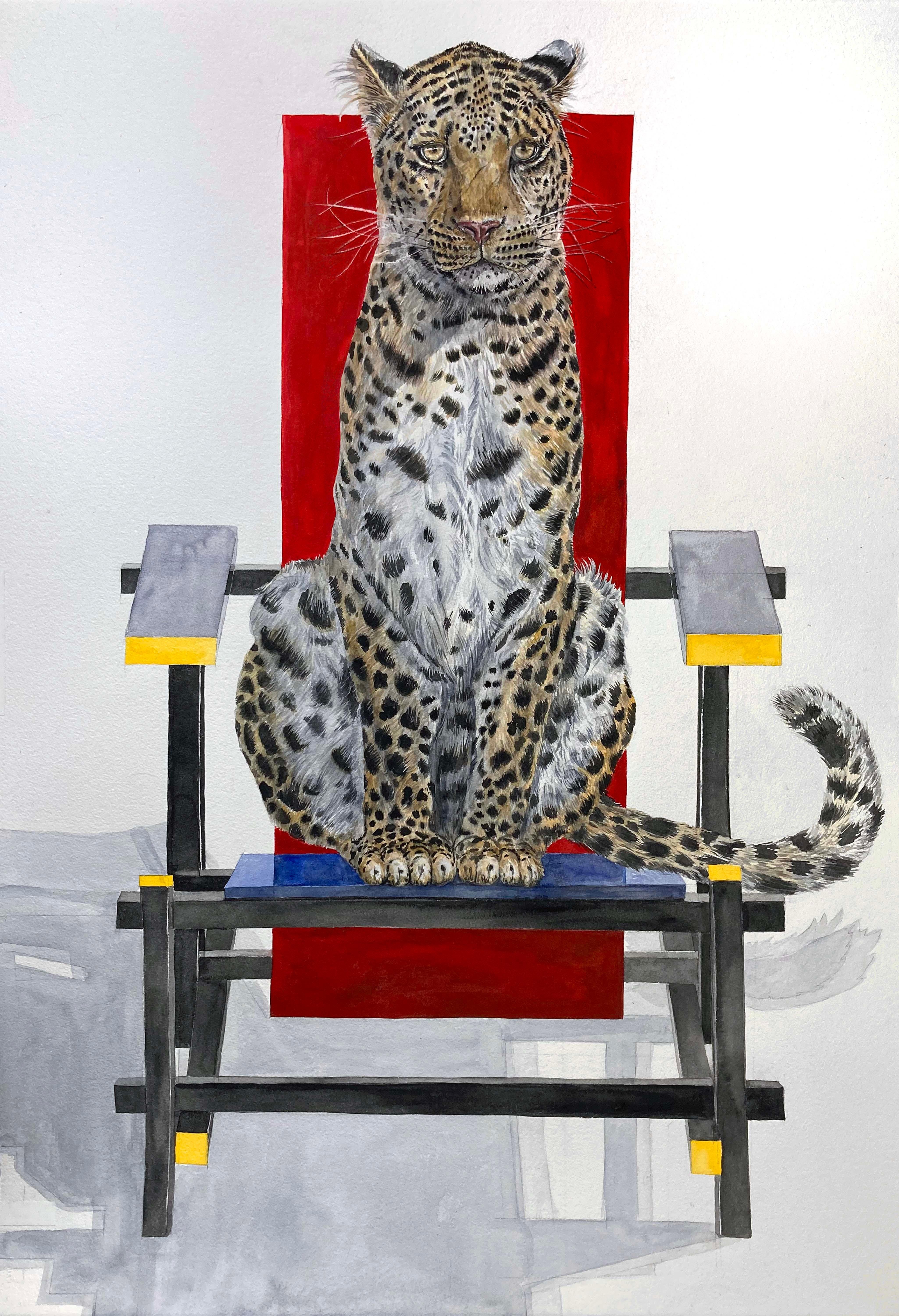 "Leopardo su sedia Rietveld", acquerello surrealista contemporaneo incorniciato