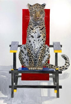 "Leopard on Rietveld Chair" framed contemporary surrealist watercolor painting