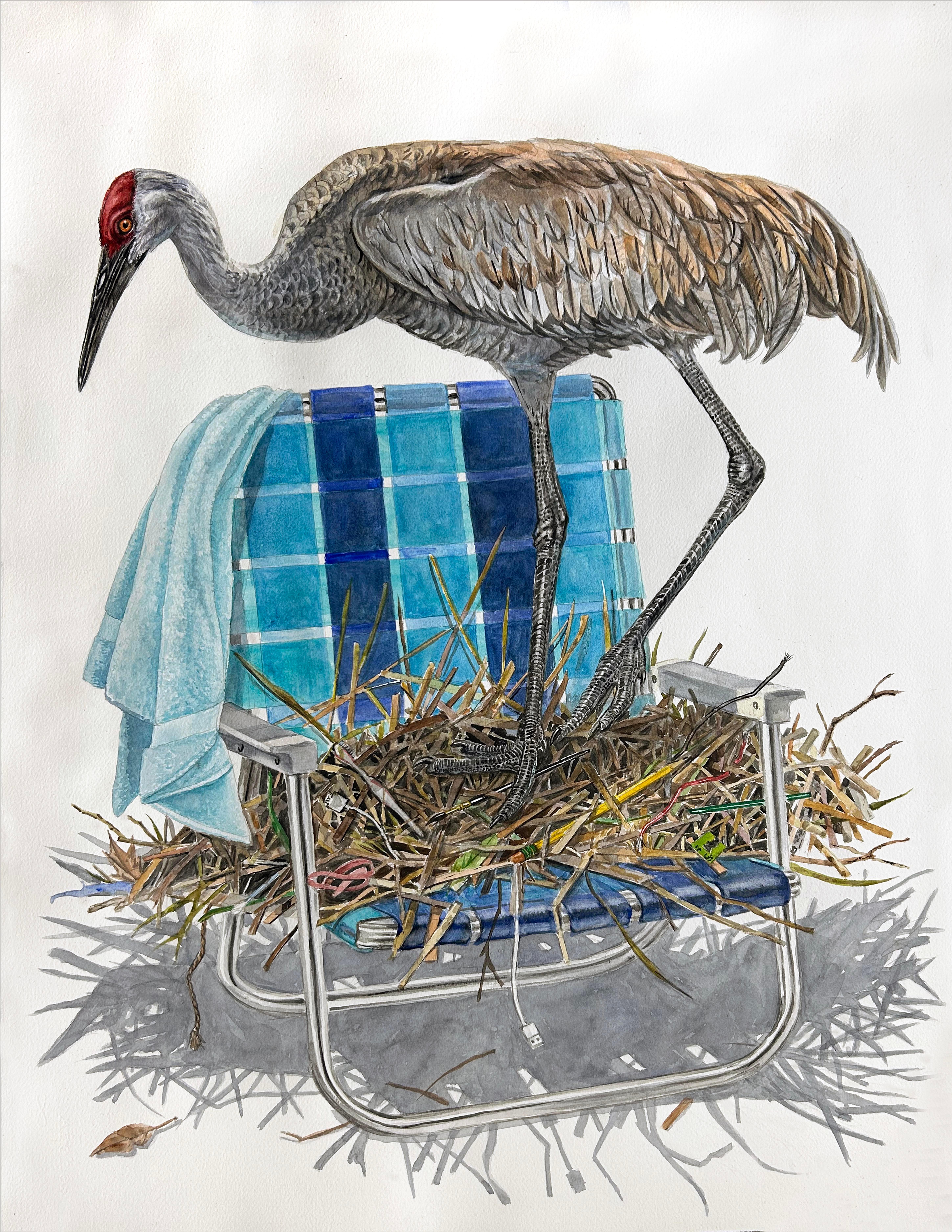 "Un'estate precoce" Quadro surrealista contemporaneo con gru di Sandhill