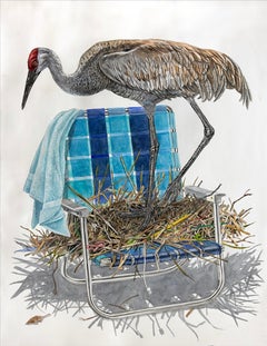 "Un'estate precoce" Quadro surrealista contemporaneo con gru di Sandhill