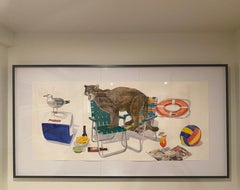 "Beach Party" framed Contemporary Surrealist painting,  mountain lion, seagull