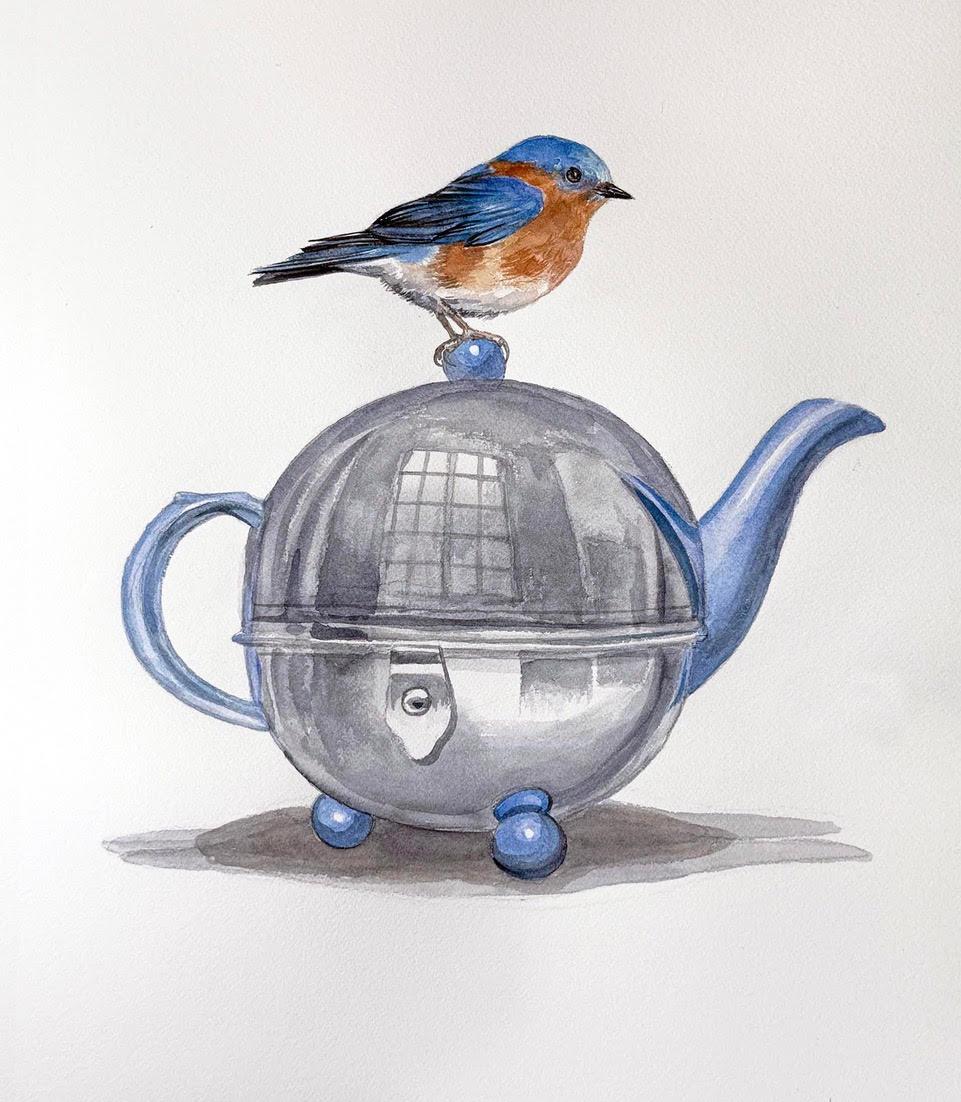 "Bluebird Teapot" Zeitgenössische surrealistische Aquarellmalerei