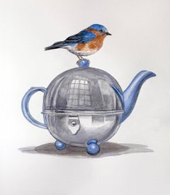 "Teiera dell'uccello azzurro" Acquerello surrealista contemporaneo