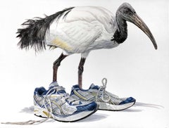 Aquarelle sur papier « In My Shoes » (In My Shoes) (peinture surréaliste contemporaine, oiseau ibis)