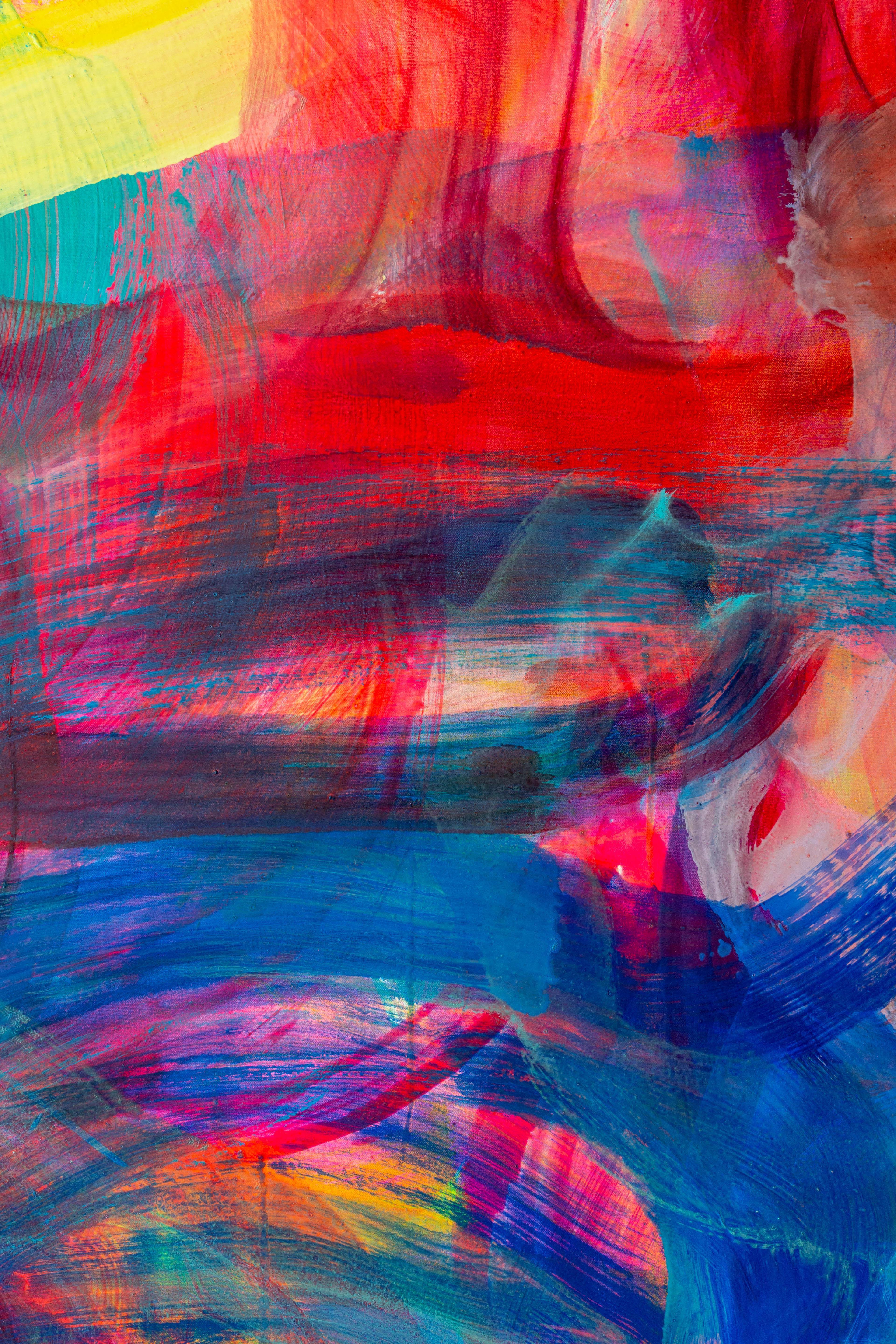 Violett, Blau und Rot verflechten sich in diesem gestischen abstrakten Gemälde von Debra Drexler.  Dieses Gemälde ist von der Intensität des Lichts und der Farben auf Hawaii inspiriert – die Künstlerin verbringt dort einen Teil ihrer Zeit und den