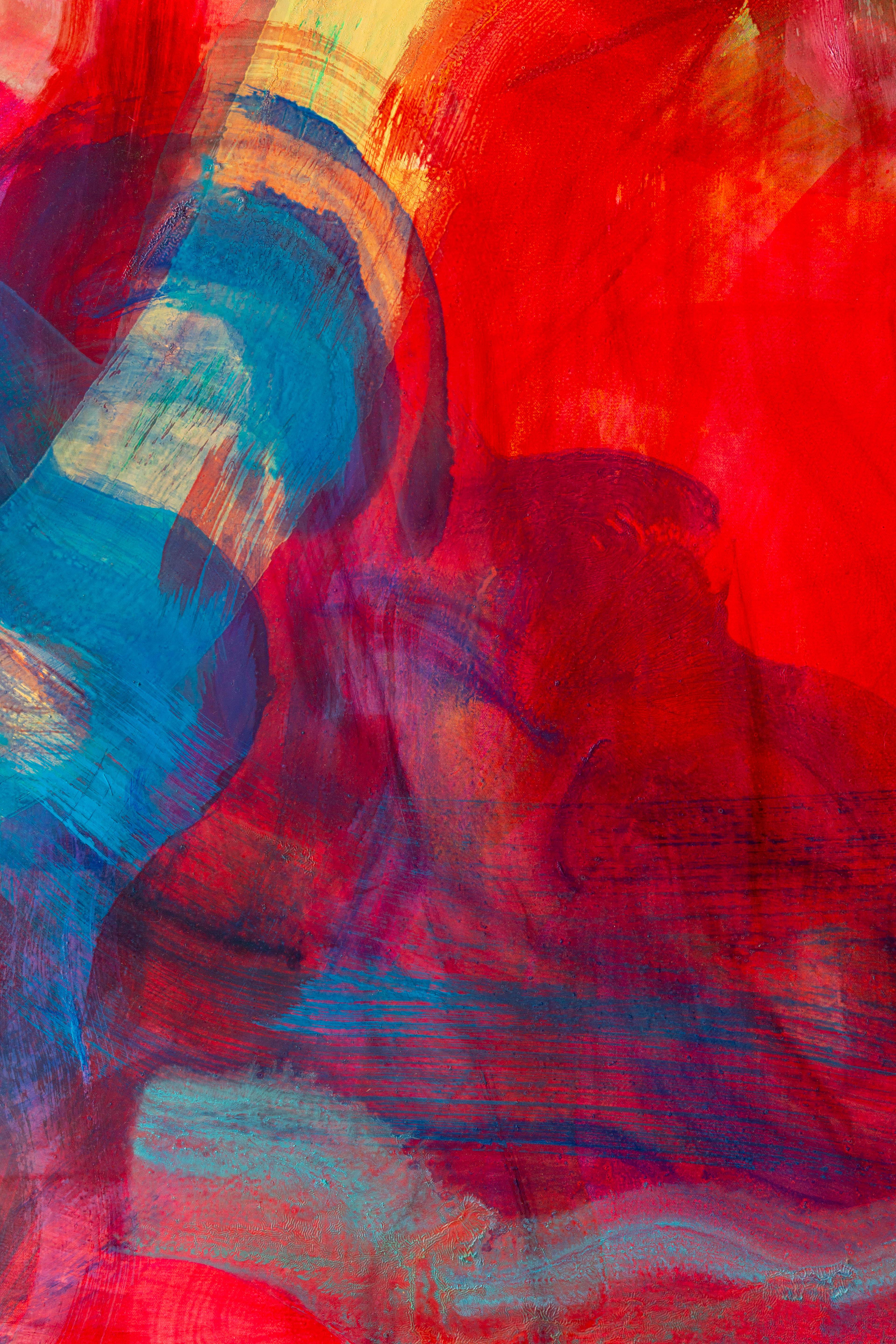 Violet, blue and red intertwine in this gestural abstract painting by Debra Drexler.  This painting is inspired by the intensity of light and colors in Hawaii, where the artist splits her time between there and New York City. Bold lines and
