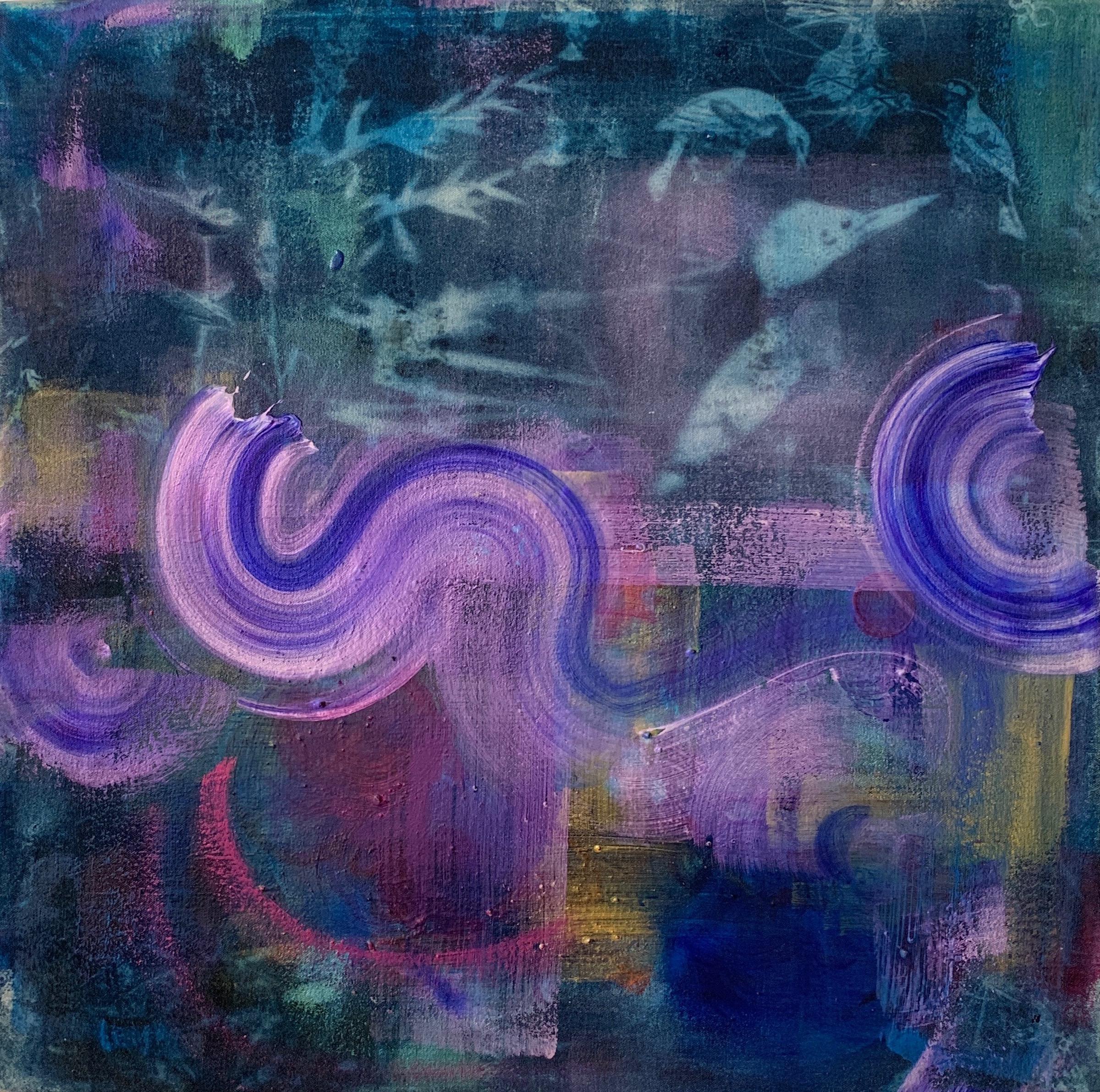 Peggy Cyphers Abstract Painting - "Night Rain" 30"x30" cyanotype, paint on canvas, abstract painting