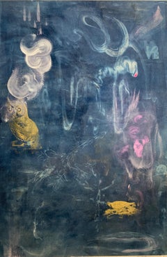 "Garden Mist" cyanotype and paint and silkscreen on canvas 60x40"
