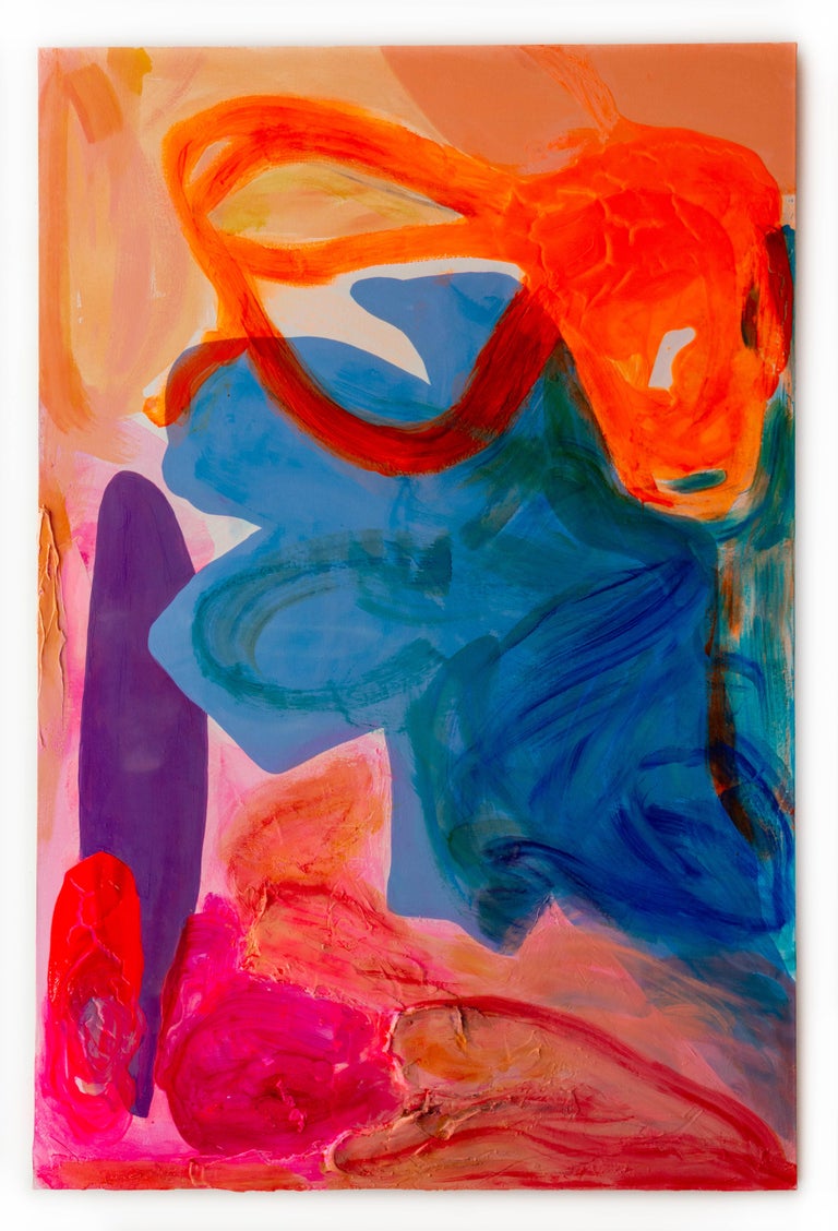 This is a contemporary abstract painting by the New York/ Hawaiian artist, Debra Drexler.  A cerulean blue form nestles against a vibrant nearly neon orange shape, with linear gestural strokes ambulating through the composition.   You can see the
