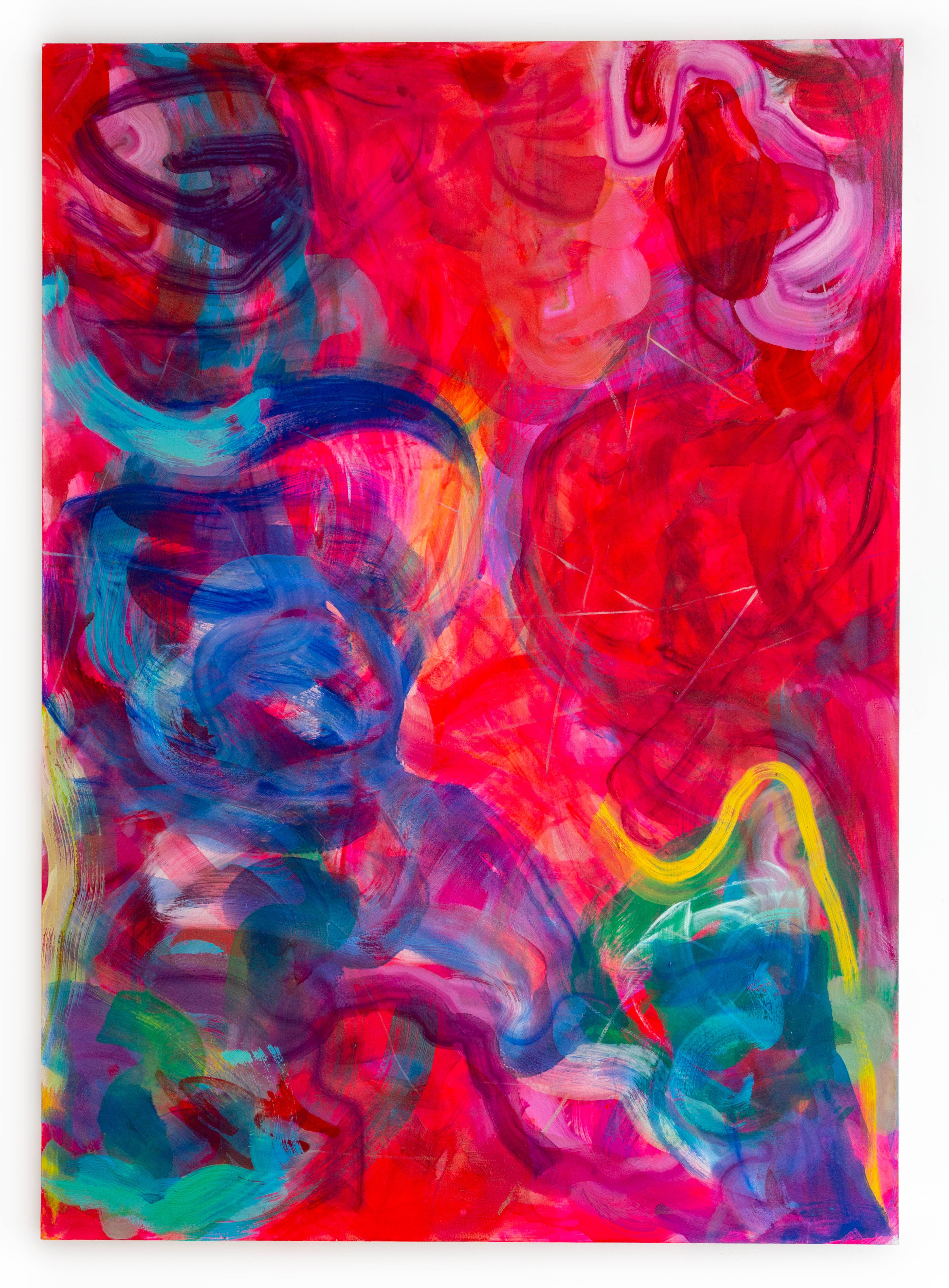 84"x60" oil and acrylic on canvas, signed on reverse by the artist.  Scarlet red and violet intermingle in this gestural abstract, large scale painting by New York/Hawaiian artist, Debra Drexler.  Swirls of blue interplay with the crimson tones, in