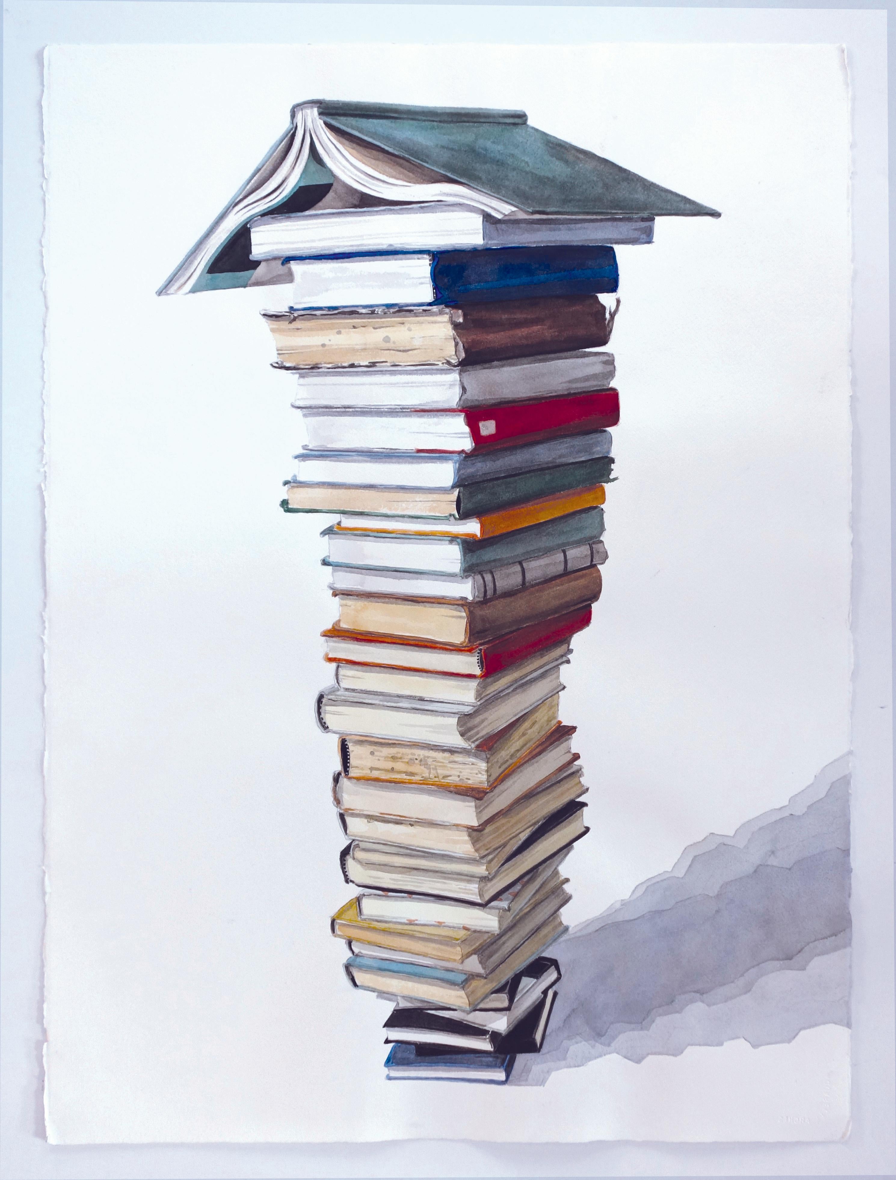 "Tall Stack" Contemporary Surrealist Still Life Painting of Books